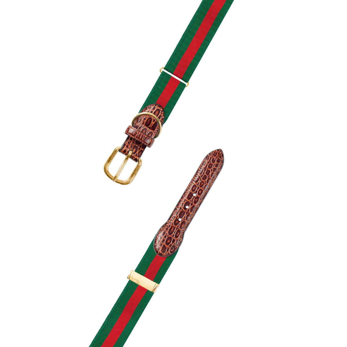 Adjustable Forest Green &amp; Red Grosgrain Dog Collar with Embossed Calf Tabs