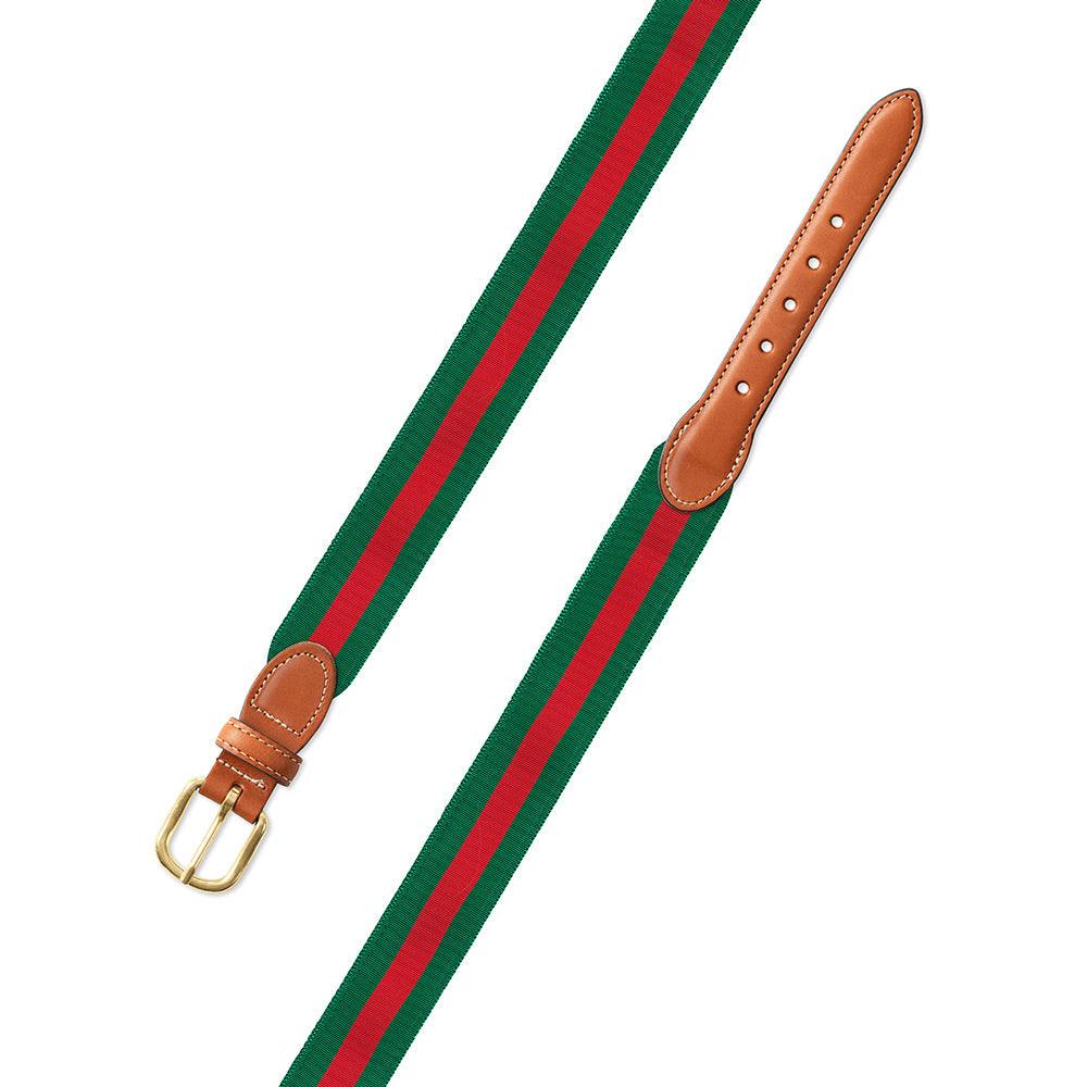 Forest Green &amp; Red Grosgrain Ribbon Leather Tab Belt