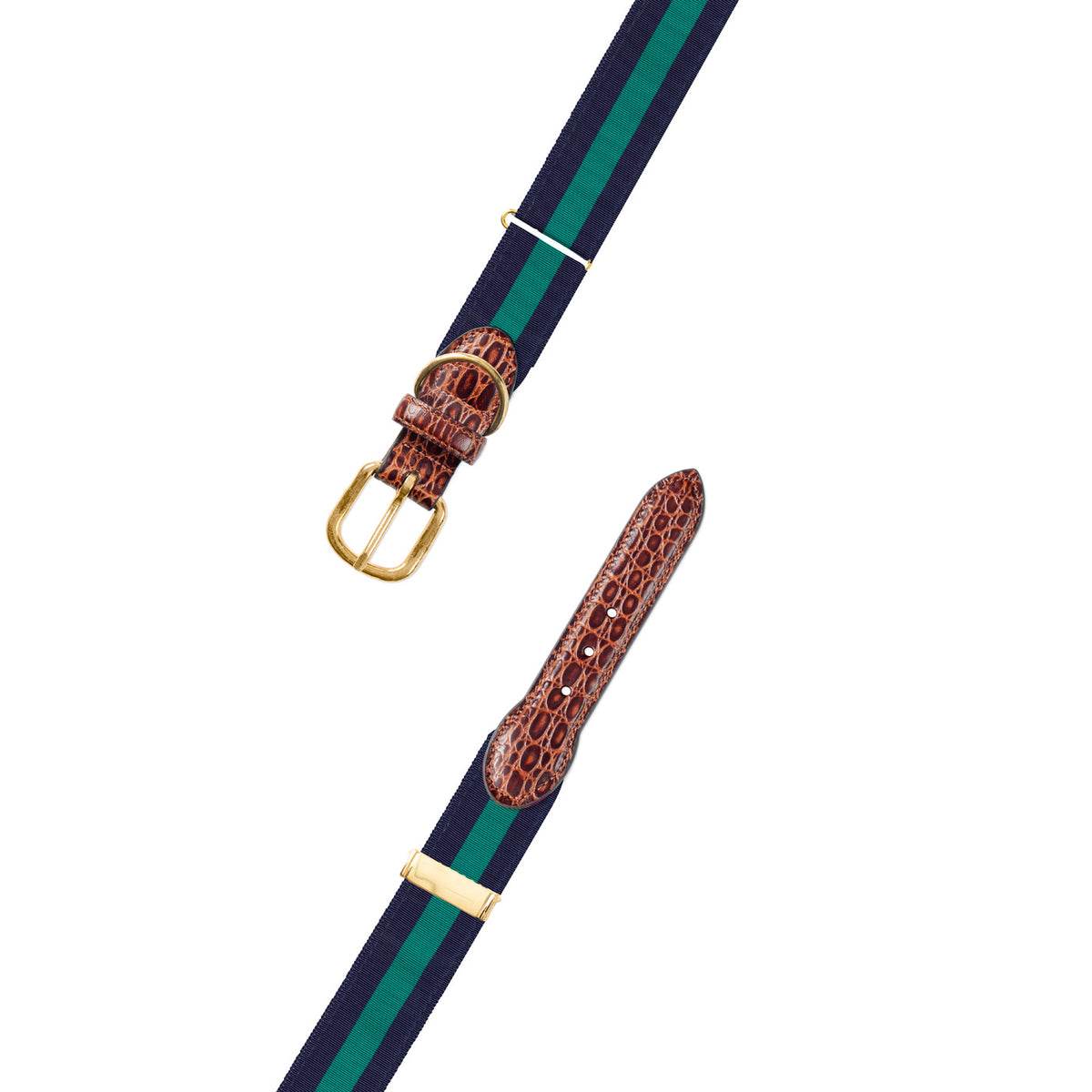 Adjustable Navy &amp; Green Grosgrain Dog Collar with Embossed Calf Tabs