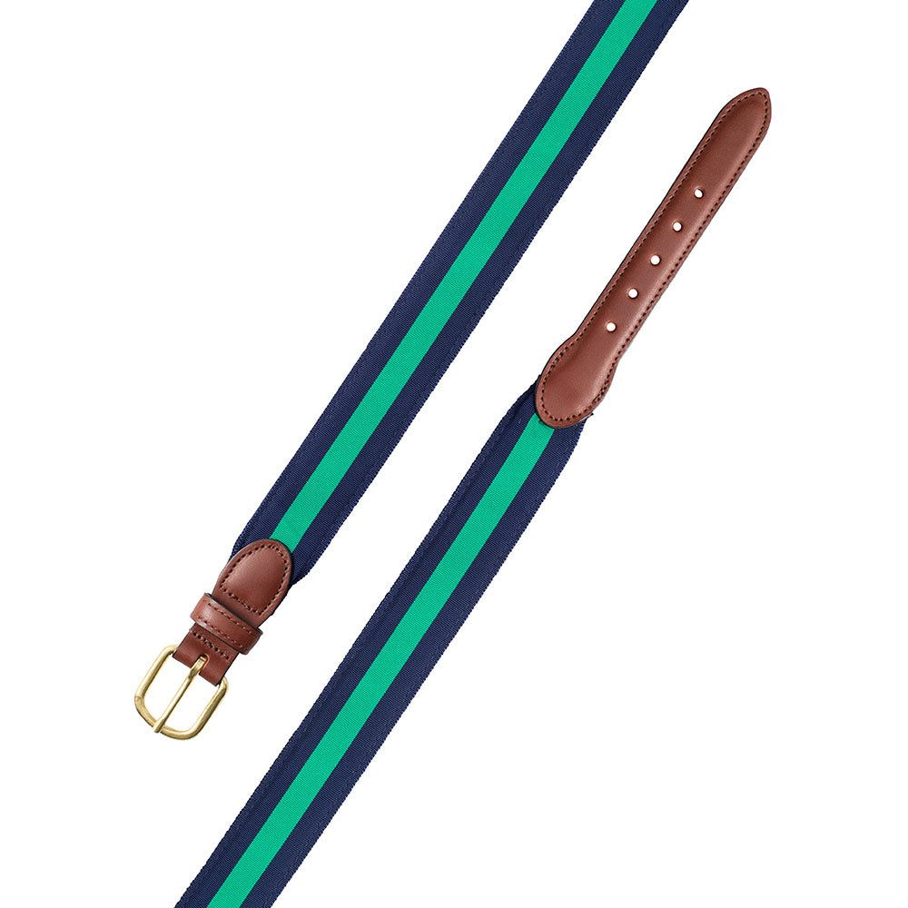 Navy &amp; Green Grosgrain Ribbon Leather Tab Belt