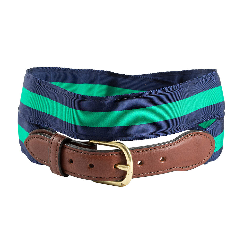 Navy &amp; Green Grosgrain Ribbon Leather Tab Belt