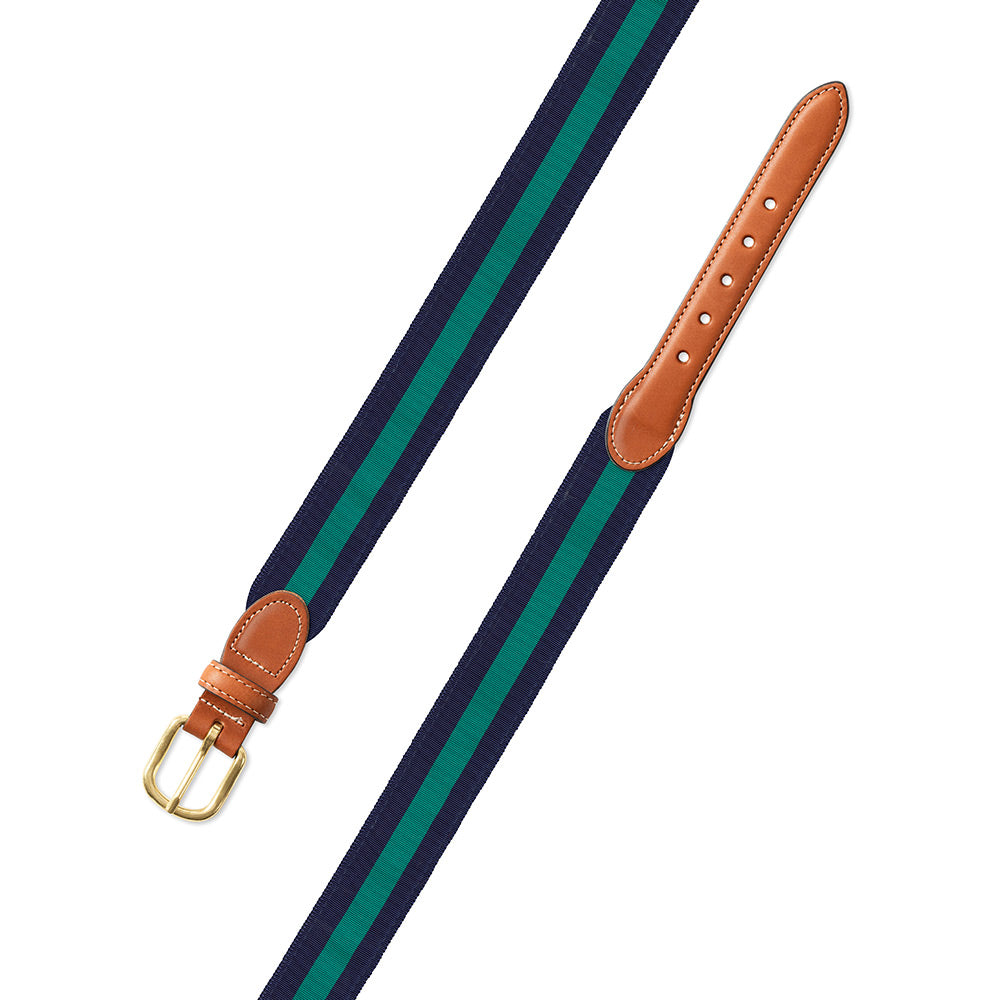 Navy &amp; Green Grosgrain Ribbon Leather Tab Belt
