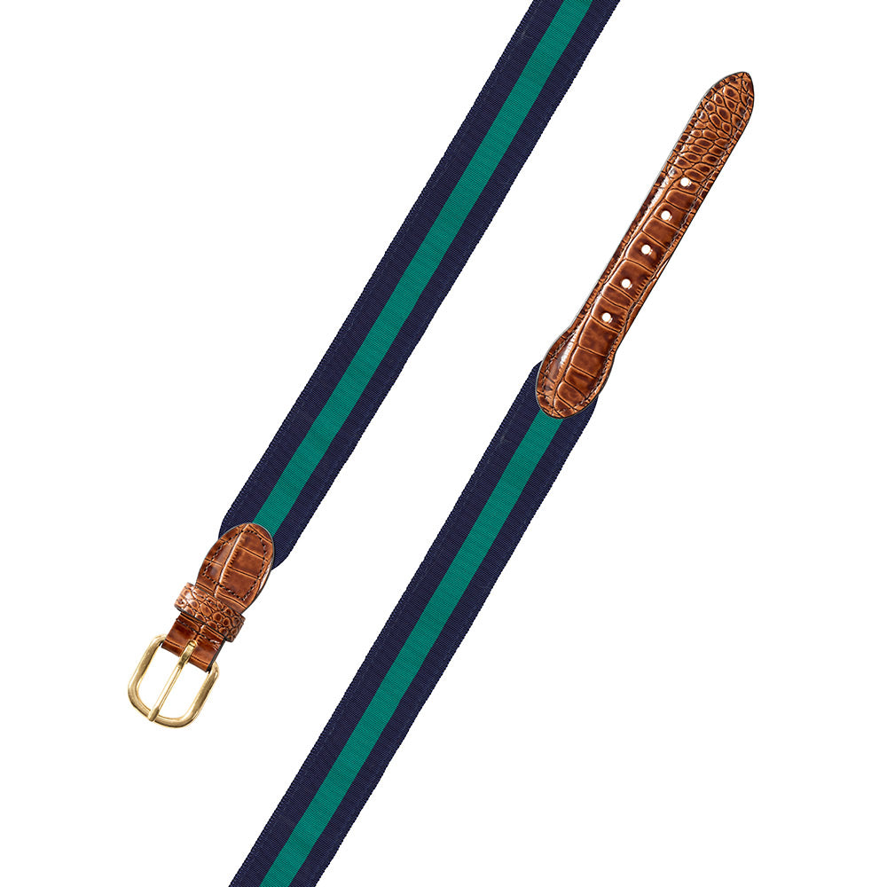 Navy &amp; Green Grosgrain Ribbon Leather Tab Belt