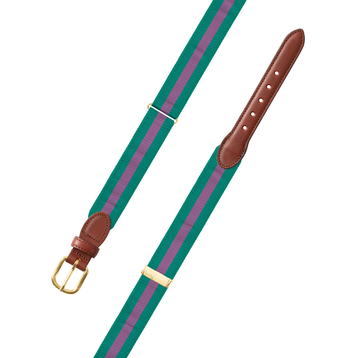 Adjustable Green &amp; Purple Grosgrain Belt with Brown Leather Tabs