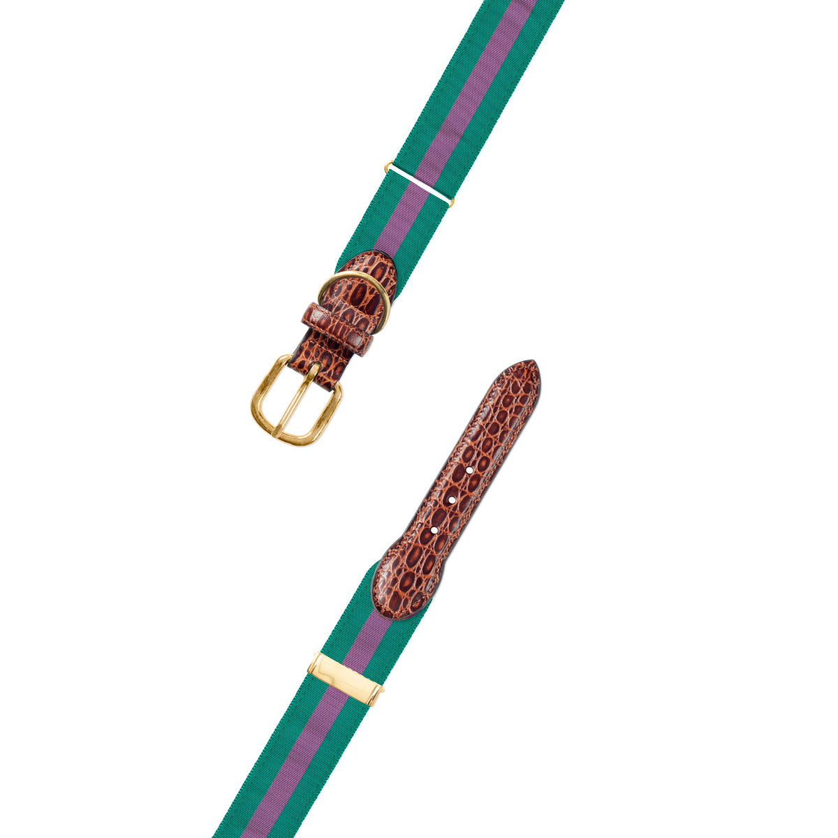 Adjustable Green &amp; Purple Grosgrain Dog Collar with Embossed Calf Tabs