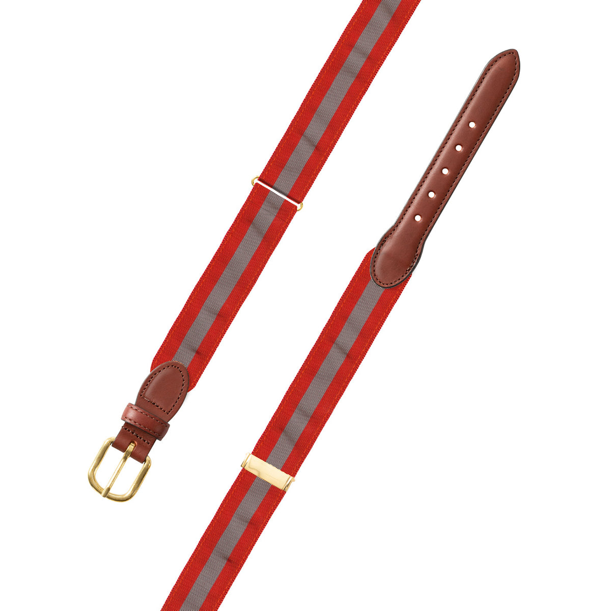 Adjustable Orange &amp; Grey Grosgrain Belt with Brown Leather Tabs
