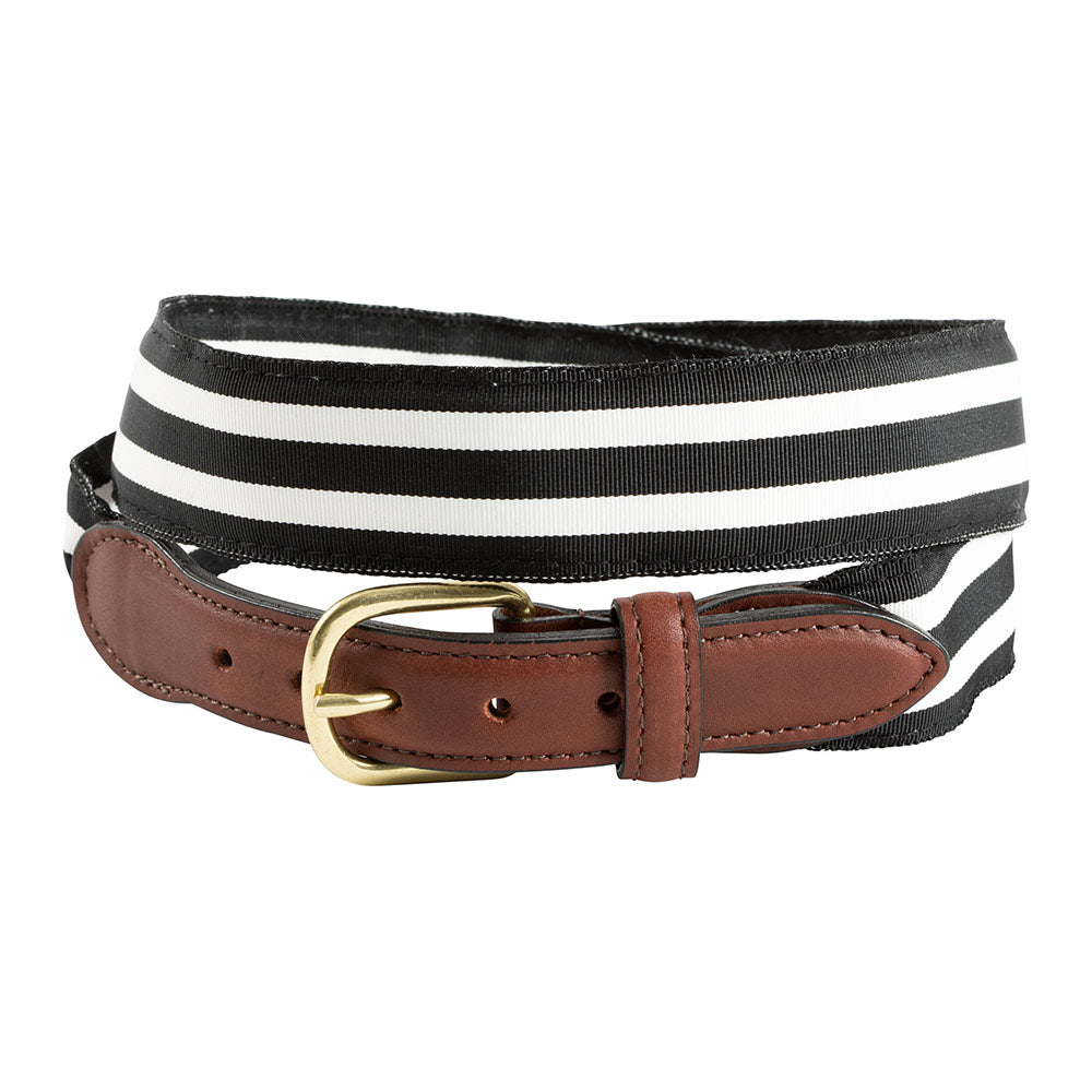 Black &amp; White Grosgrain Ribbon Leather Tab Belt
