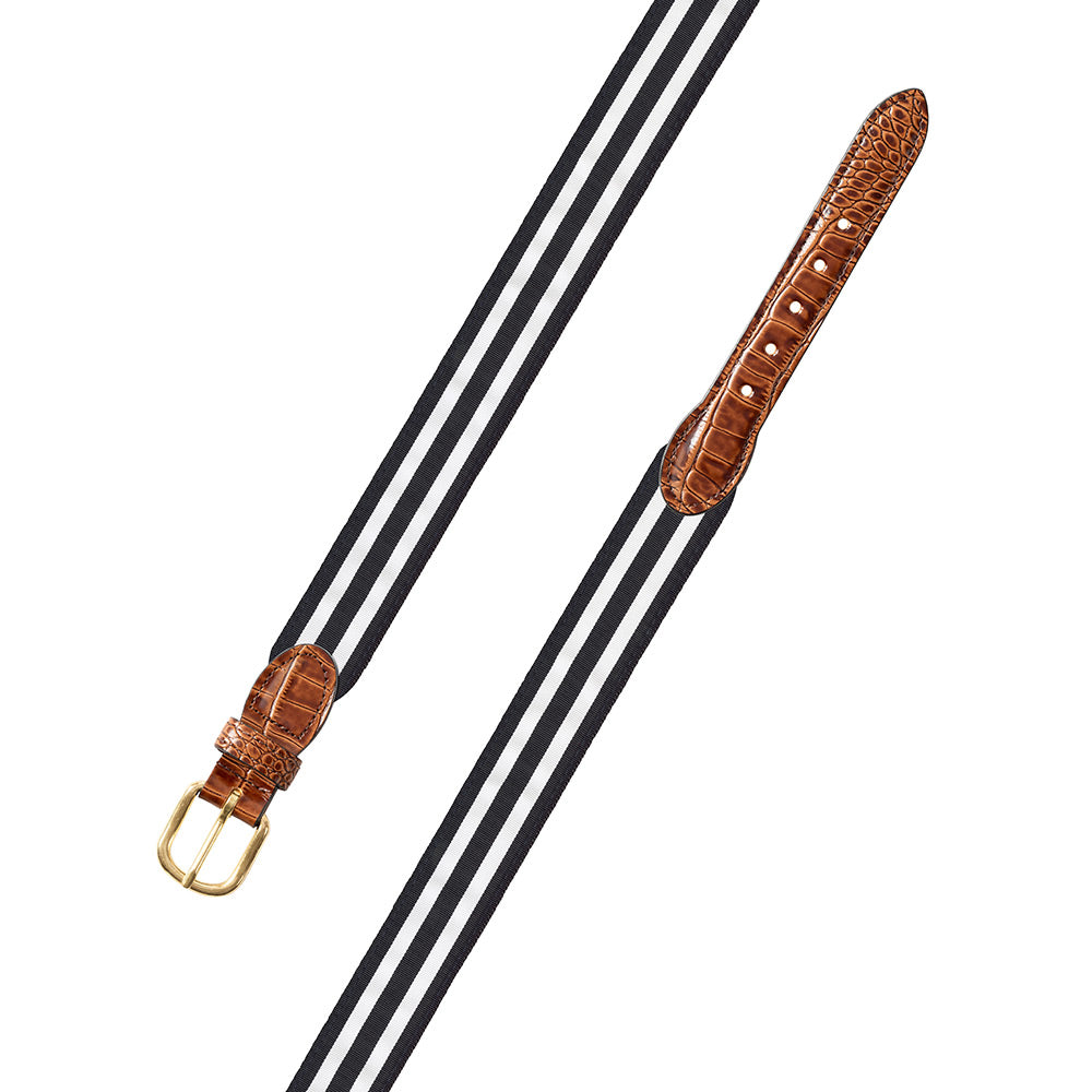 Black &amp; White Grosgrain Ribbon Leather Tab Belt