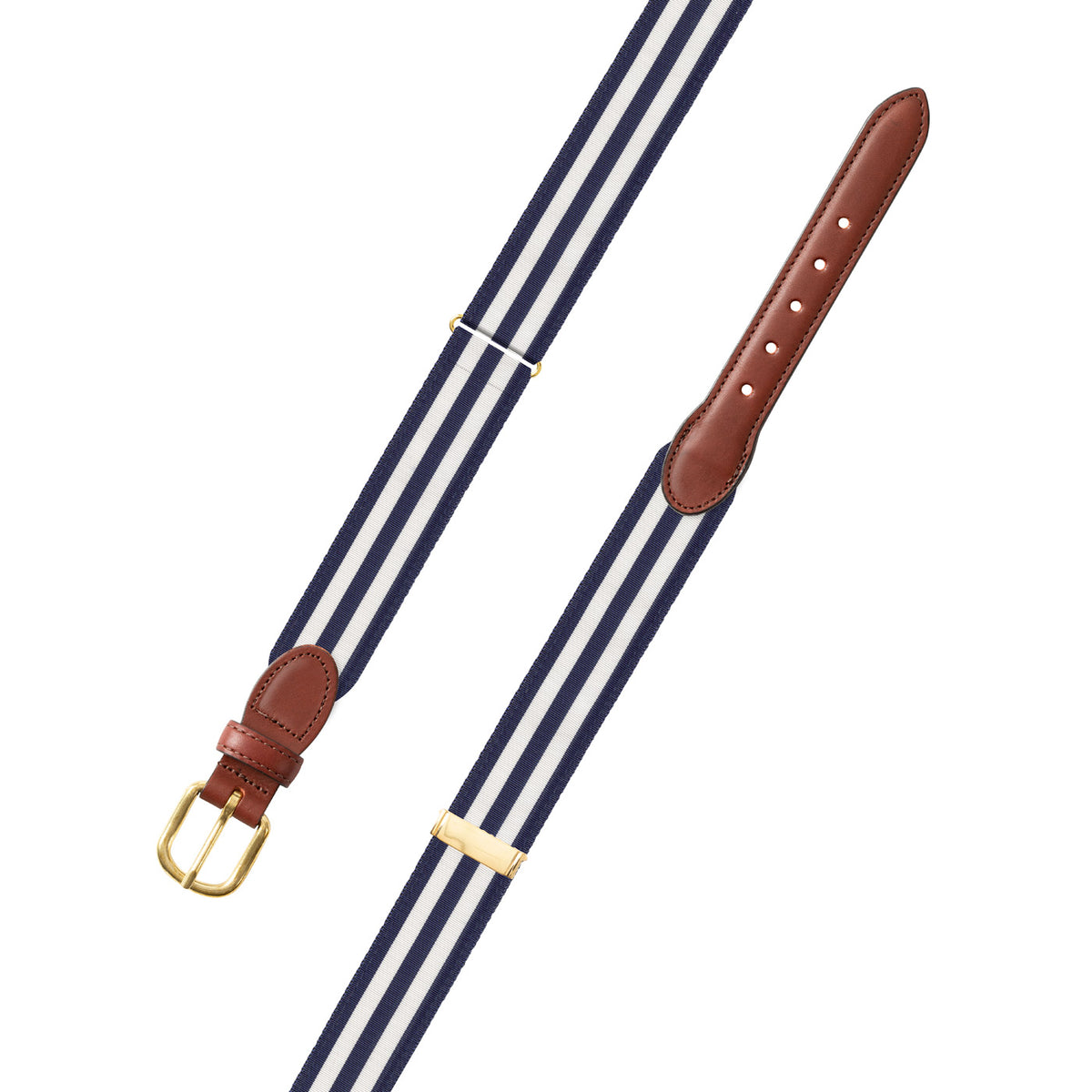 Adjustable Navy &amp; White Grosgrain Belt with Brown Leather Tabs