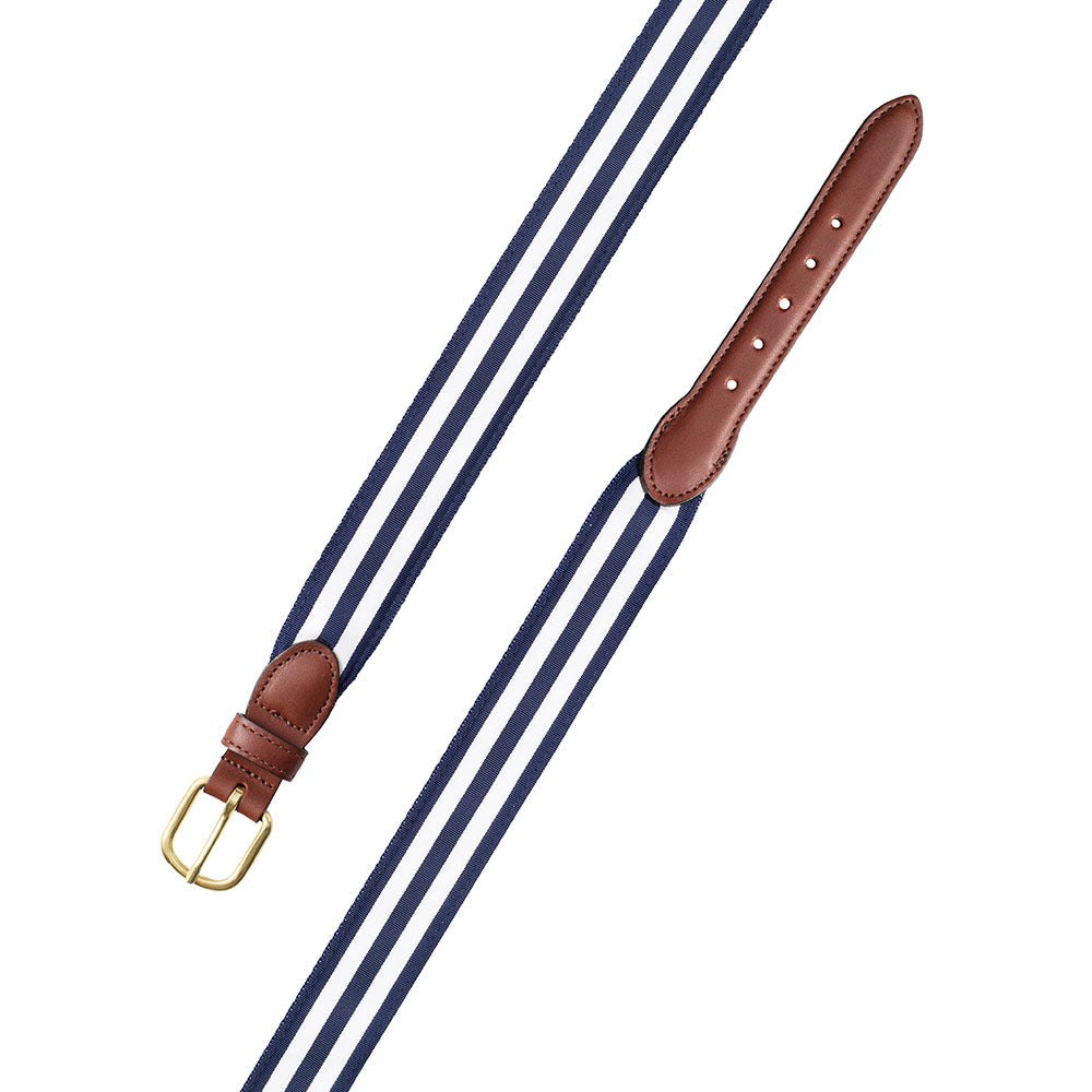 Navy &amp; White Grosgrain Ribbon Leather Tab Belt