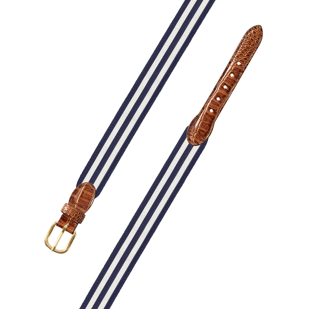 Navy &amp; White Grosgrain Ribbon Leather Tab Belt