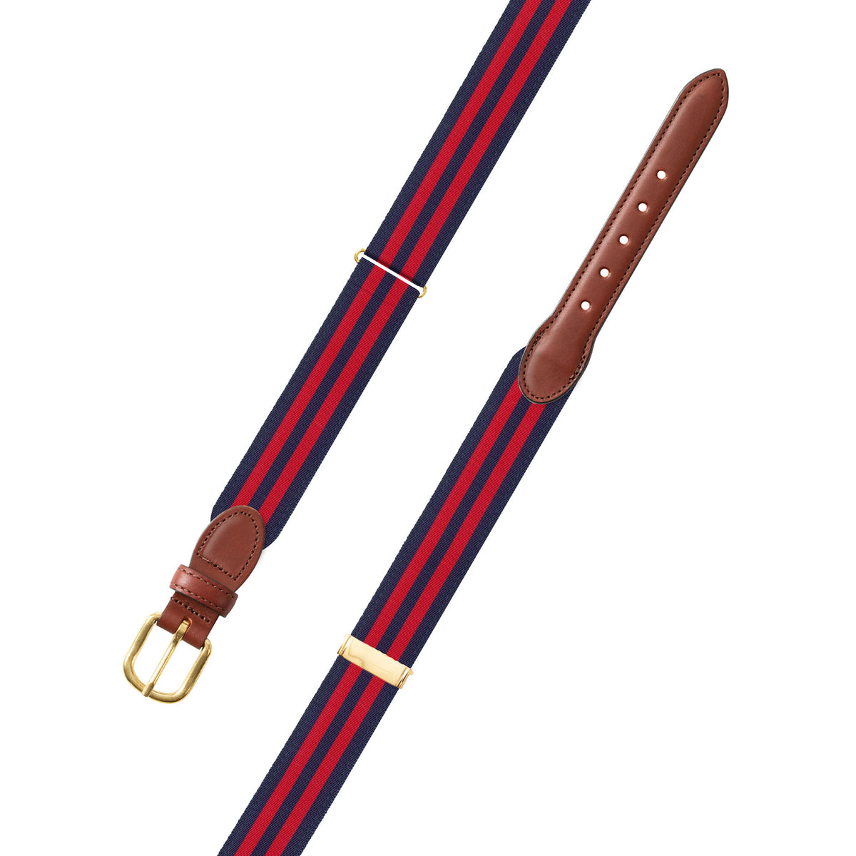 Adjustable Navy &amp; Red Grosgrain Belt with Brown Leather Tabs