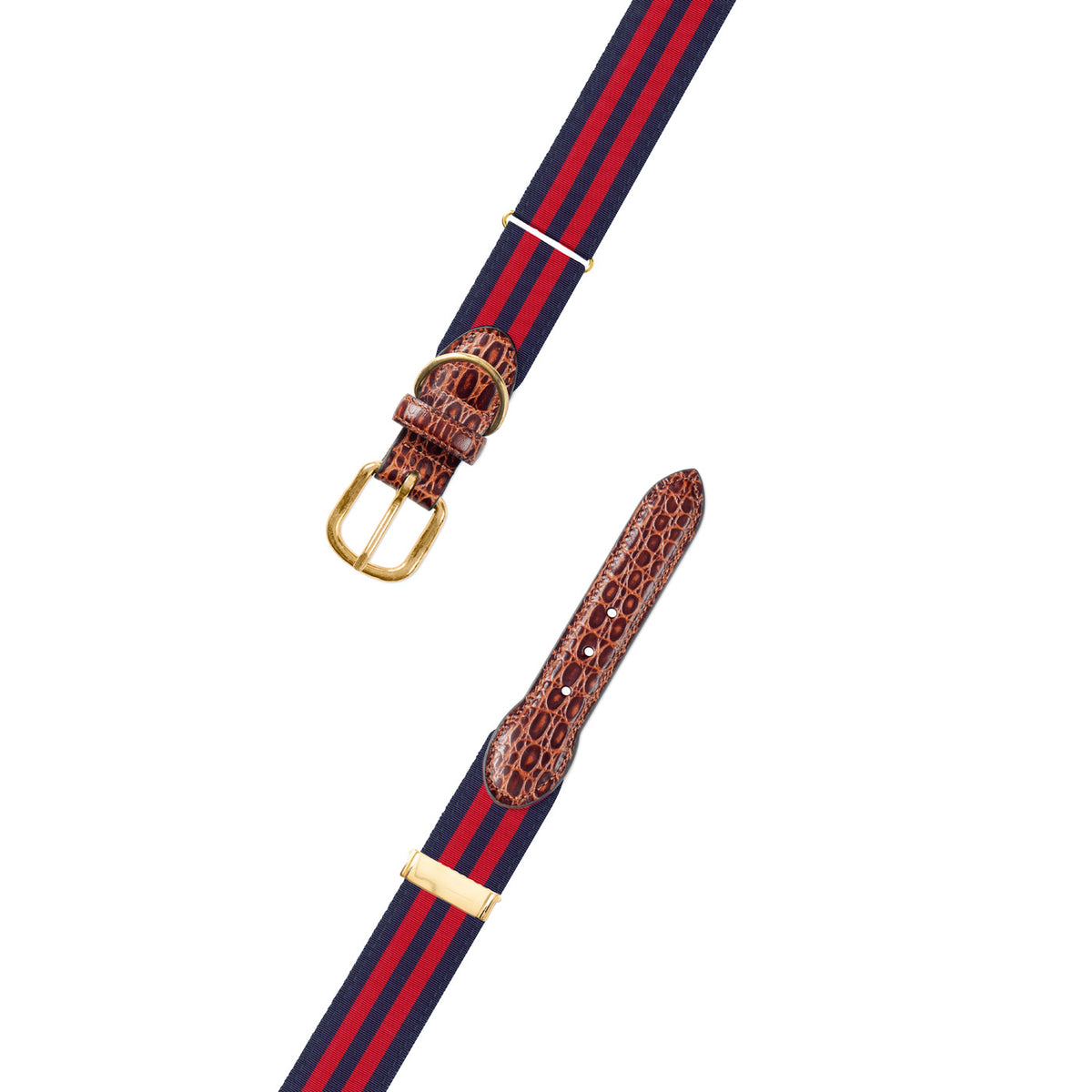 Adjustable Navy &amp; Red Grosgrain Dog Collar with Embossed Calf Tabs
