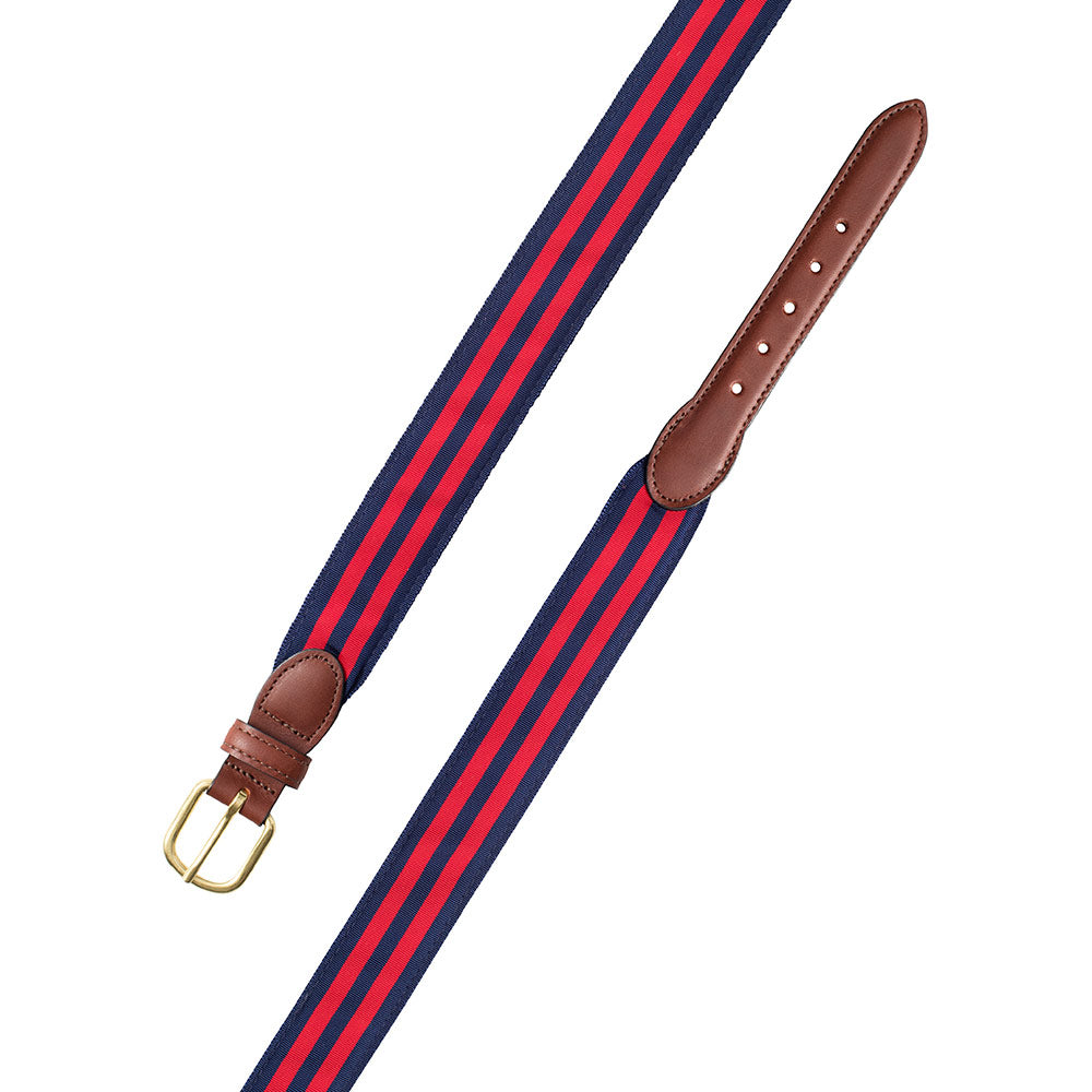 Navy &amp; Red Grosgrain Ribbon Leather Tab Belt