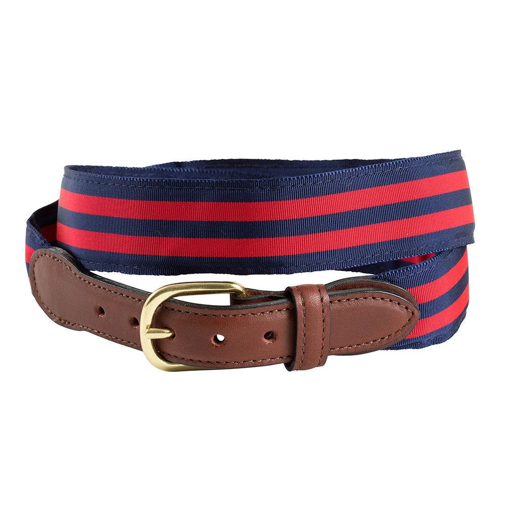 Navy &amp; Red Grosgrain Ribbon Leather Tab Belt