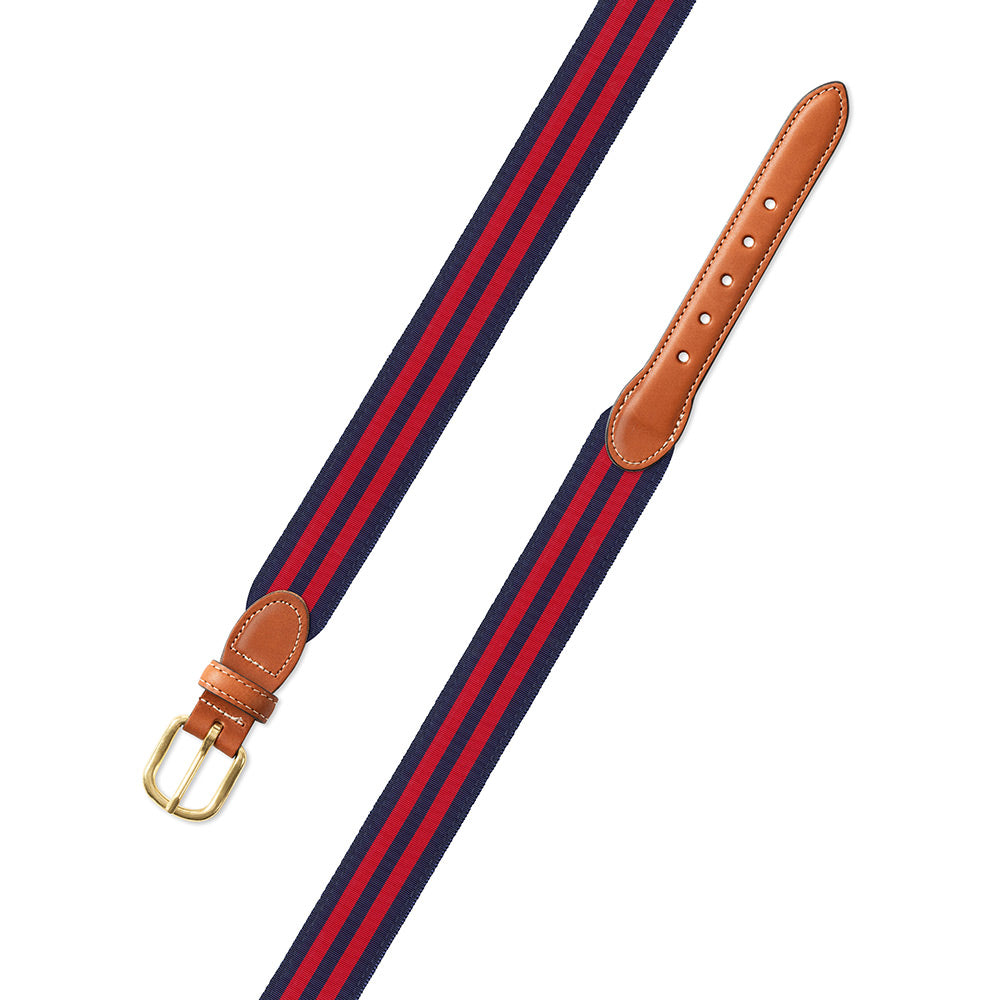 Navy &amp; Red Grosgrain Ribbon Leather Tab Belt
