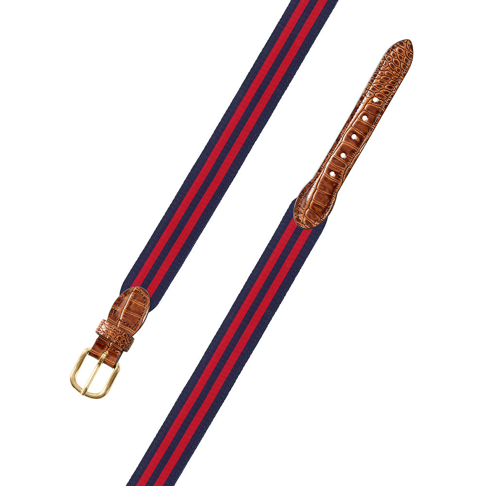 Navy &amp; Red Grosgrain Ribbon Leather Tab Belt