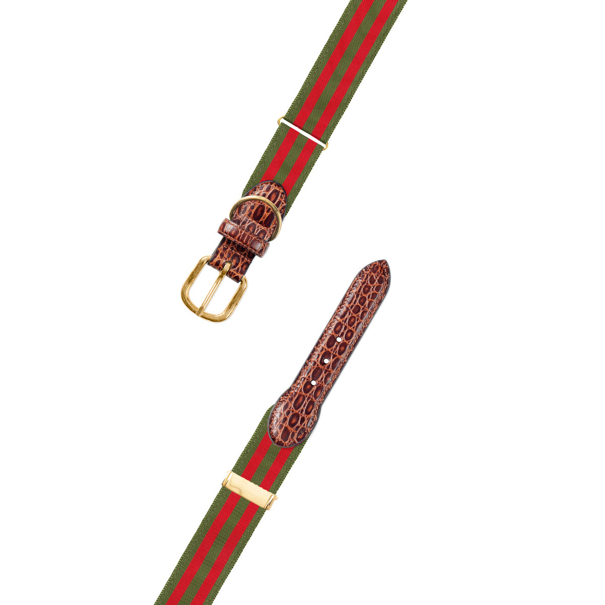 Adjustable Olive &amp; Red Grosgrain Dog Collar with Embossed Calf Tabs