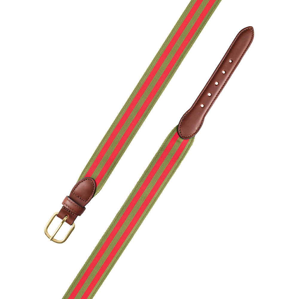 Olive &amp; Red Grosgrain Ribbon Leather Tab Belt