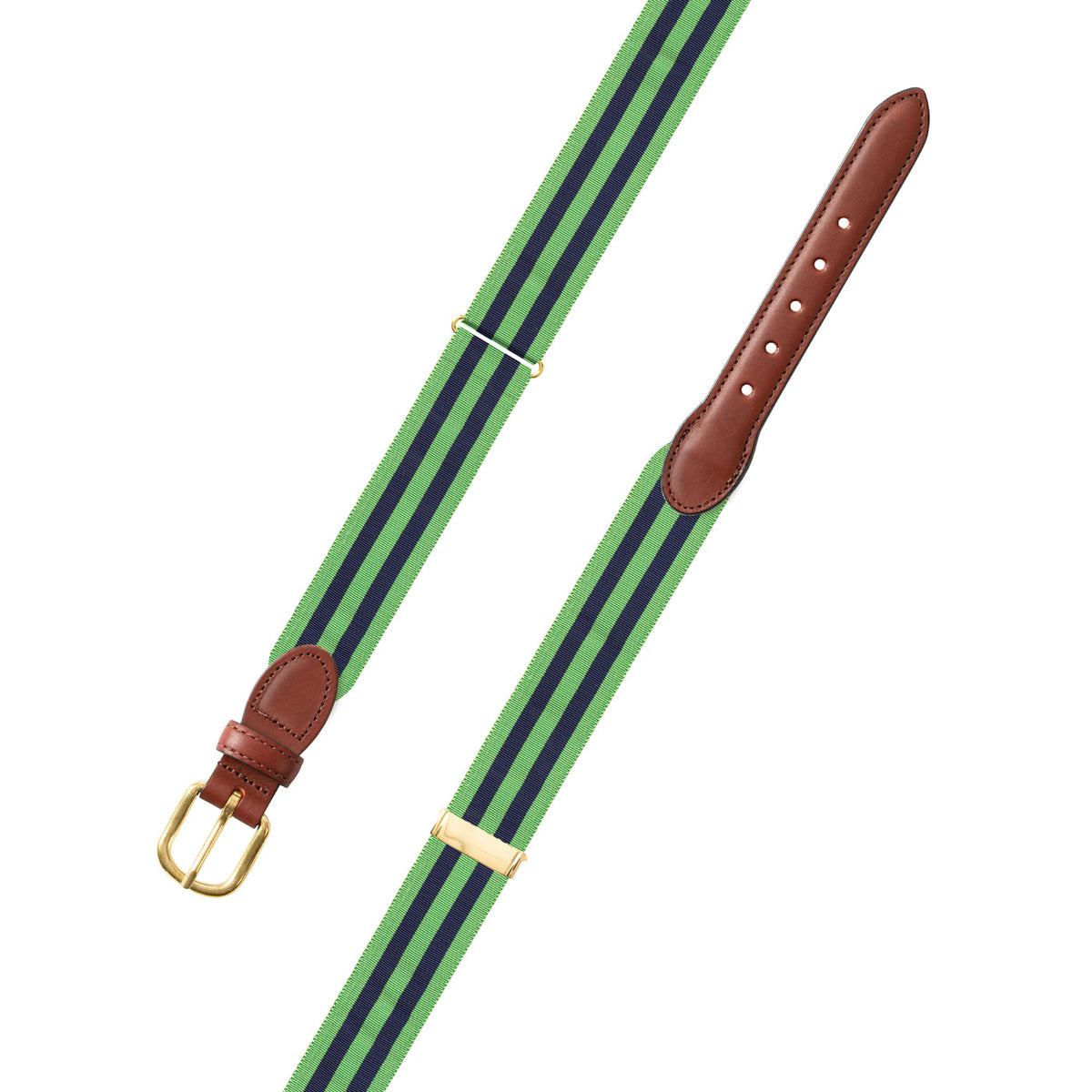 Adjustable Lime Green &amp; Navy Grosgrain Belt with Brown Leather Tabs