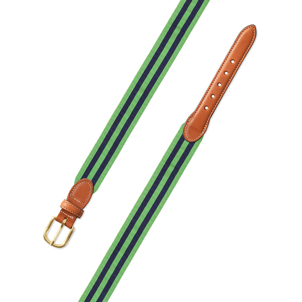 Lime Green &amp; Navy Grosgrain Ribbon Leather Tab Belt