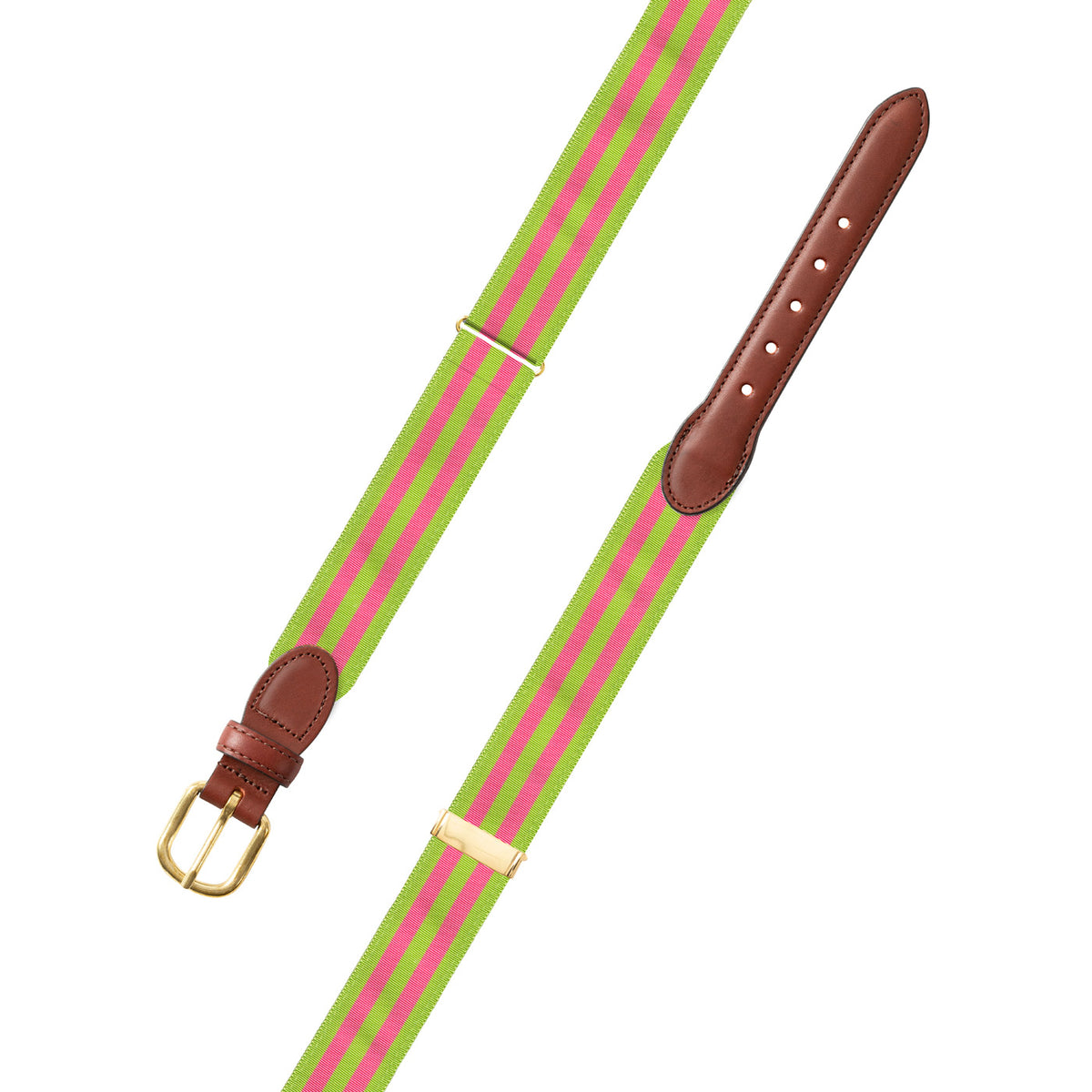 Adjustable Grass Green &amp; Pink Grosgrain Belt with Brown Leather Tabs