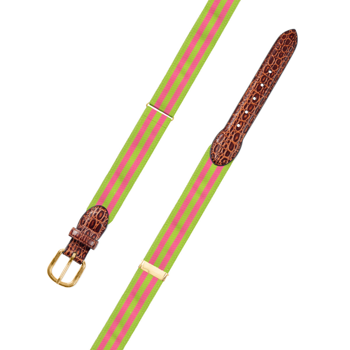 Adjustable Grass Green &amp; Pink Grosgrain Belt with Embossed Calf Tabs