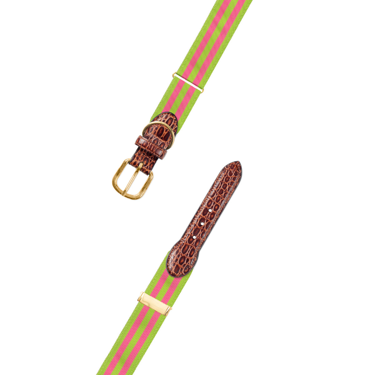 Adjustable Grass Green &amp; Pink Grosgrain Dog Collar with Embossed Calf Tabs