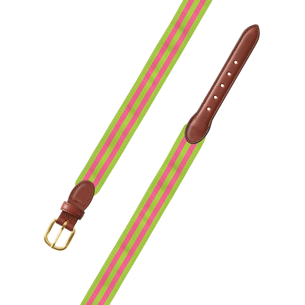 Grass Green &amp; Pink Grosgrain Ribbon Leather Tab Belt