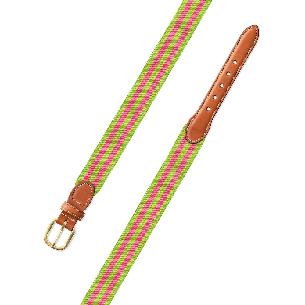 Grass Green &amp; Pink Grosgrain Ribbon Leather Tab Belt