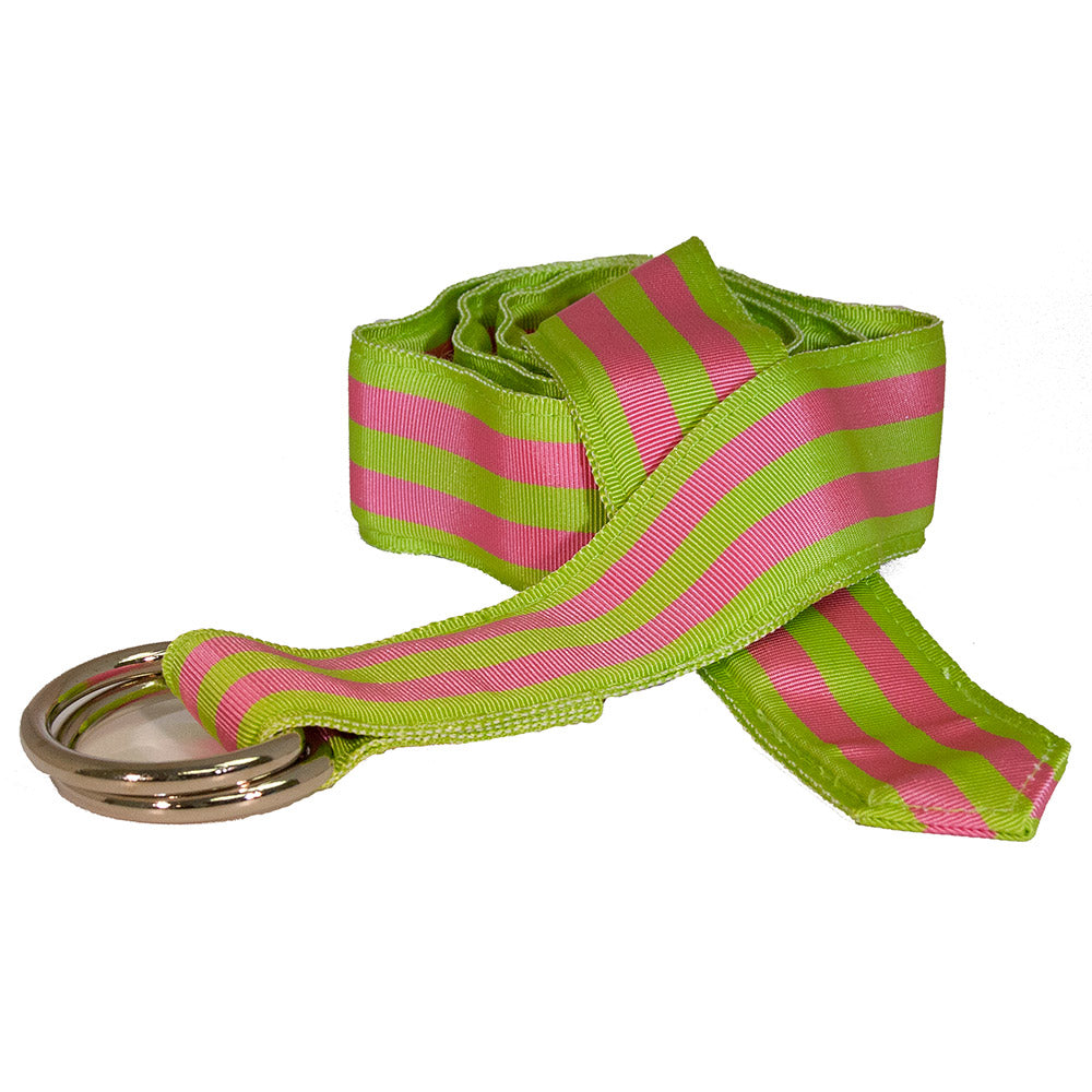 Grass Green &amp; Pink Grosgrain Ribbon D-Ring Belt