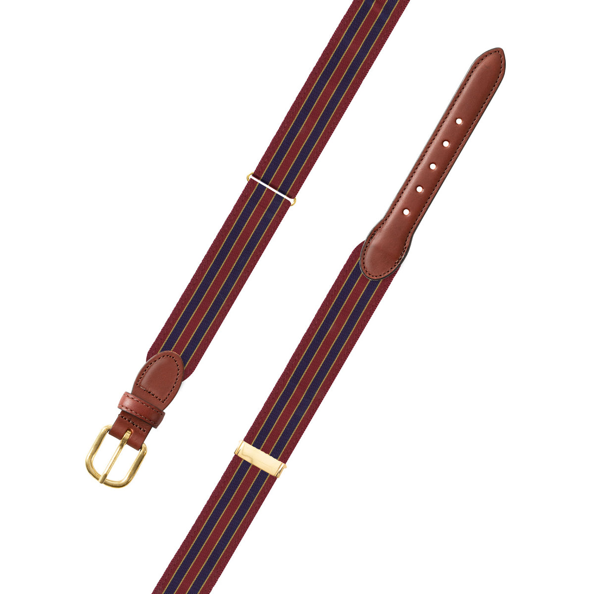 Adjustable Brick, Navy &amp; Gold Grosgrain Belt with Brown Leather Tabs
