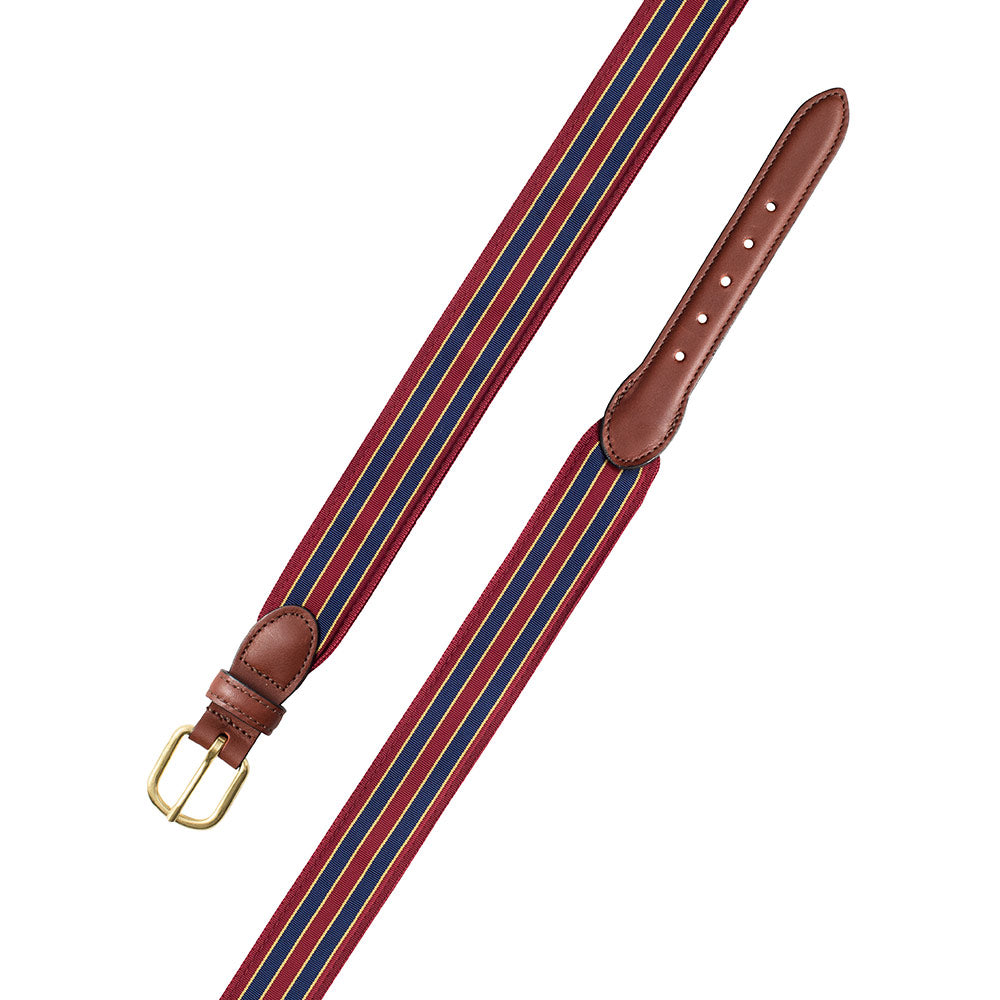 Brick, Navy &amp; Gold Grosgrain Ribbon Leather Tab Belt