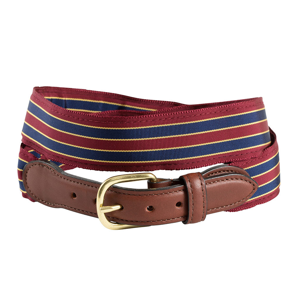 Brick, Navy &amp; Gold Grosgrain Ribbon Leather Tab Belt