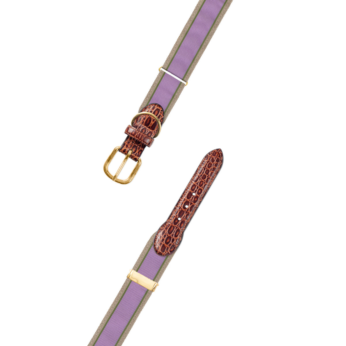 Adjustable Lavender, Olive &amp; Tan Grosgrain Dog Collar with Embossed Calf Tabs