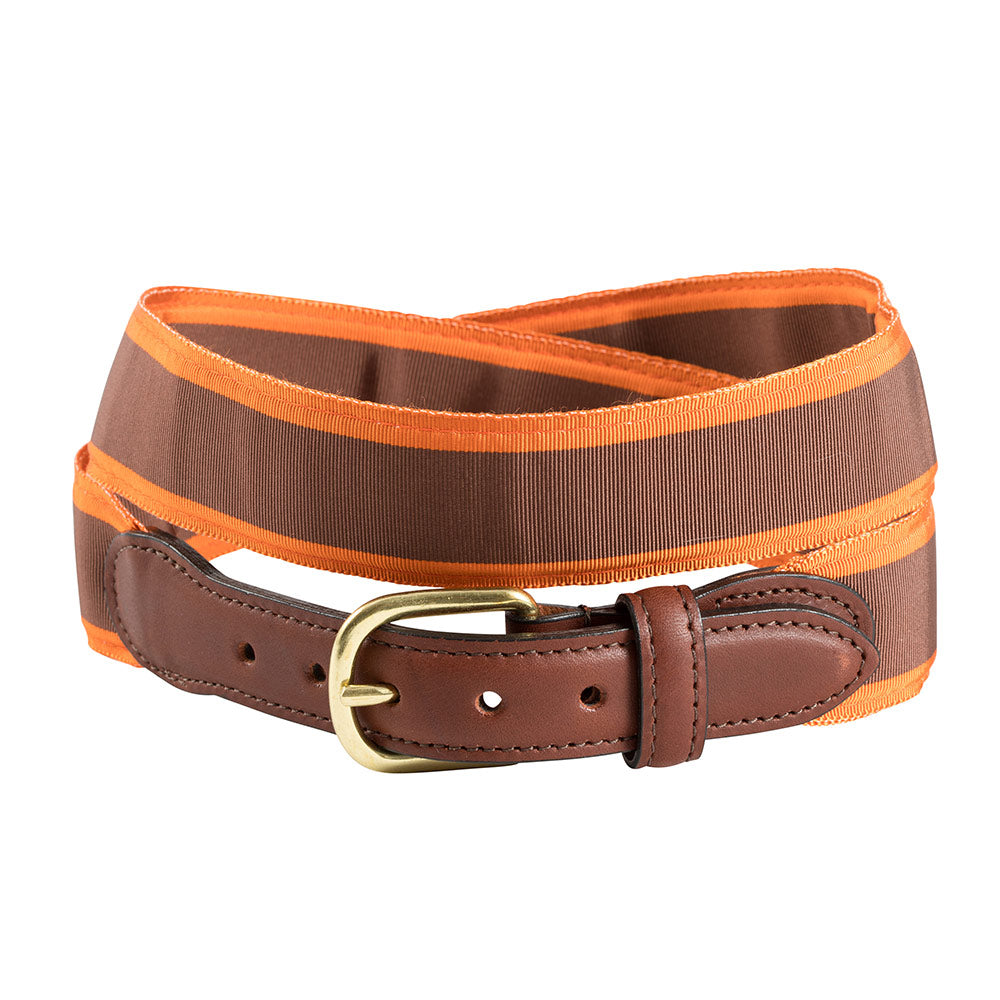 Brown &amp; Orange Grosgrain Ribbon Leather Tab Belt