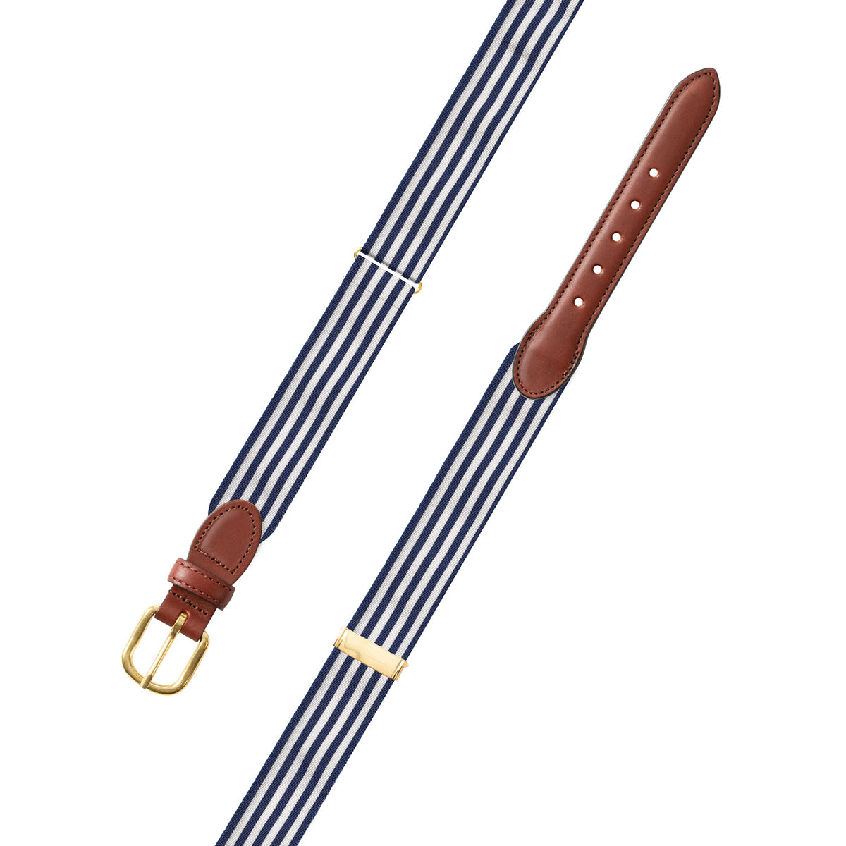 Adjustable Thin Stripe Navy &amp; White Grosgrain Belt with Brown Leather Tabs
