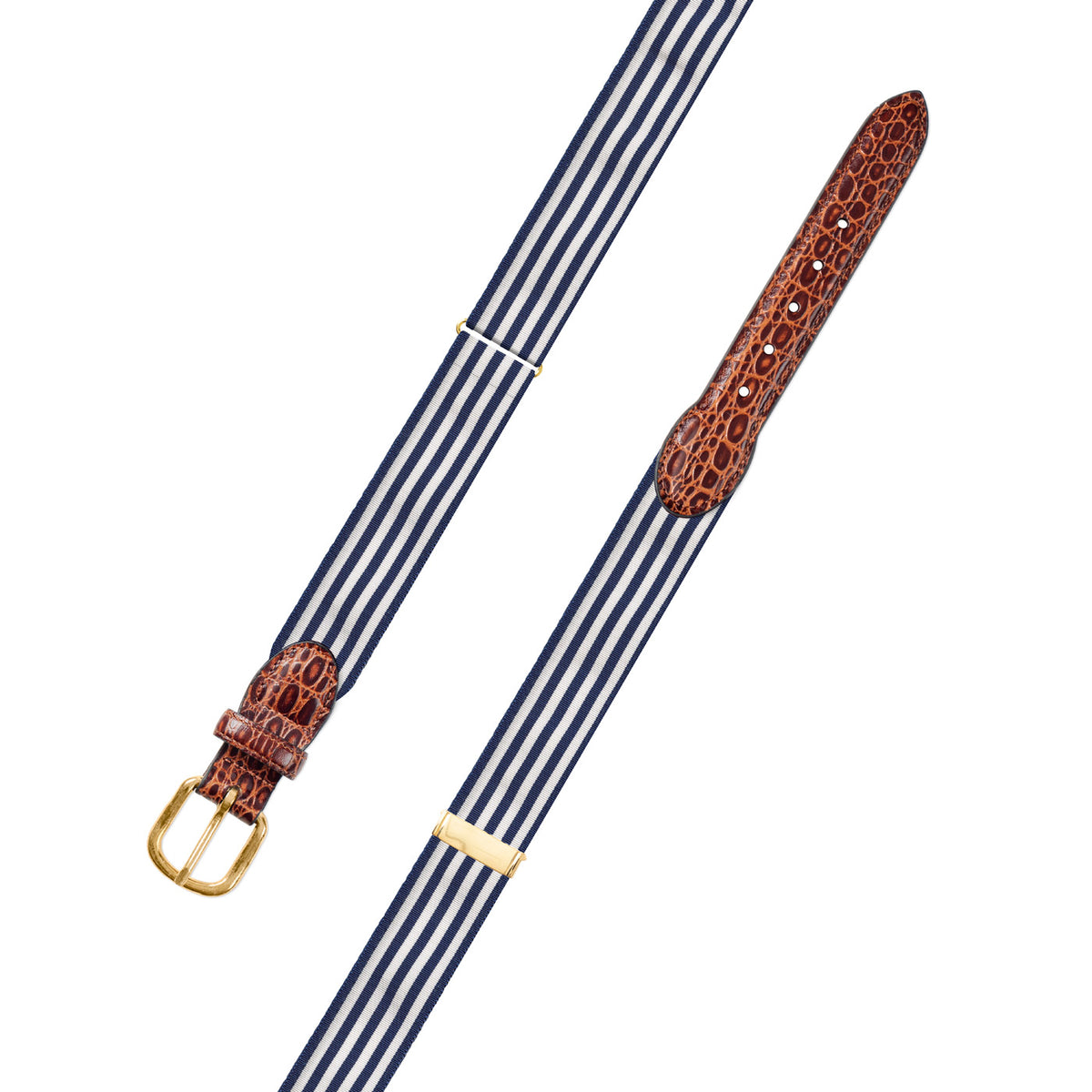 Adjustable Thin Stripe Navy &amp; White Grosgrain Belt with Embossed Calf Tabs