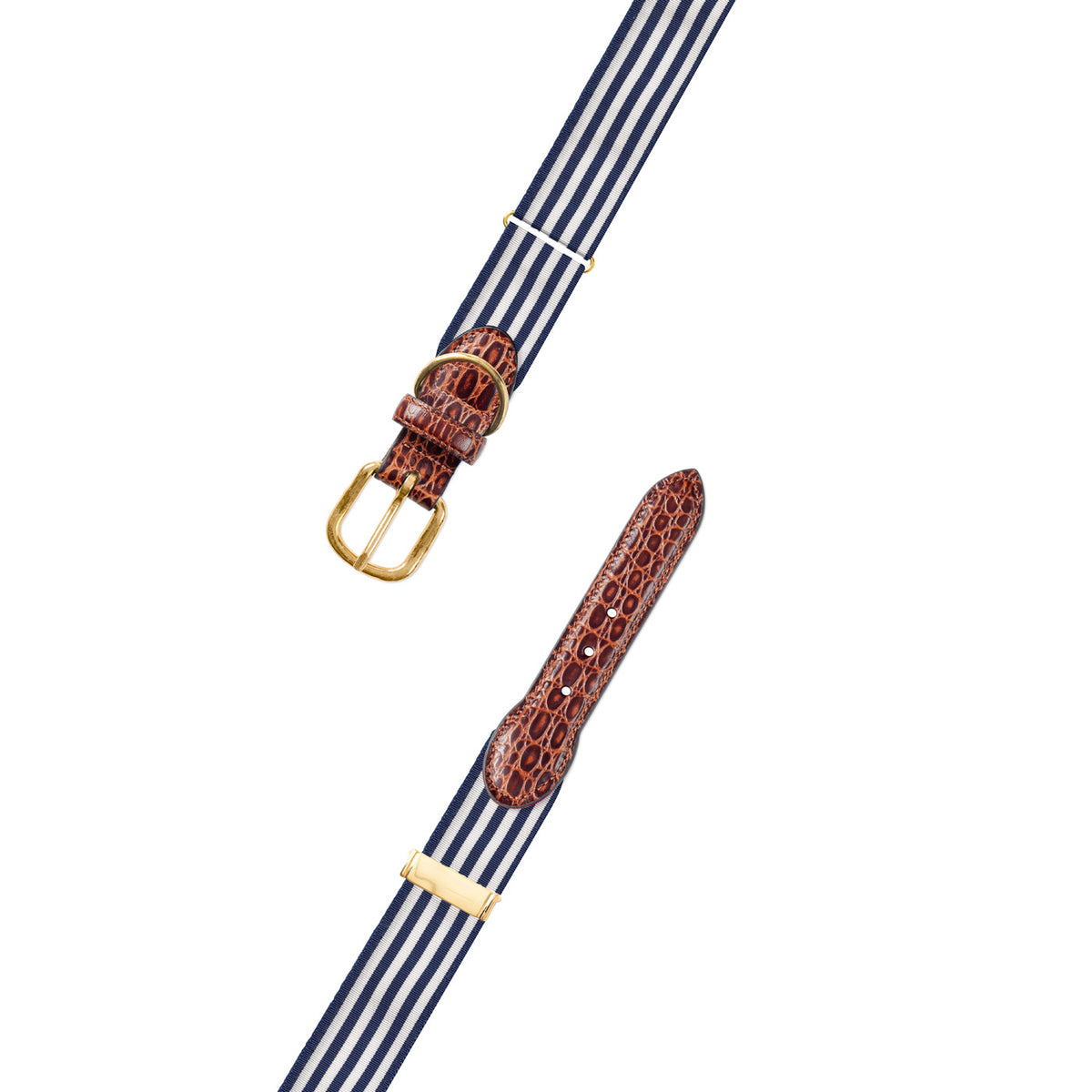 Adjustable Thin Stripe Navy &amp; White Grosgrain Dog Collar with Embossed Calf Tabs