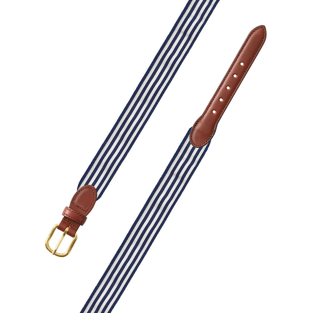 Thin Stripe Navy &amp; White Grosgrain Ribbon Leather Tab Belt