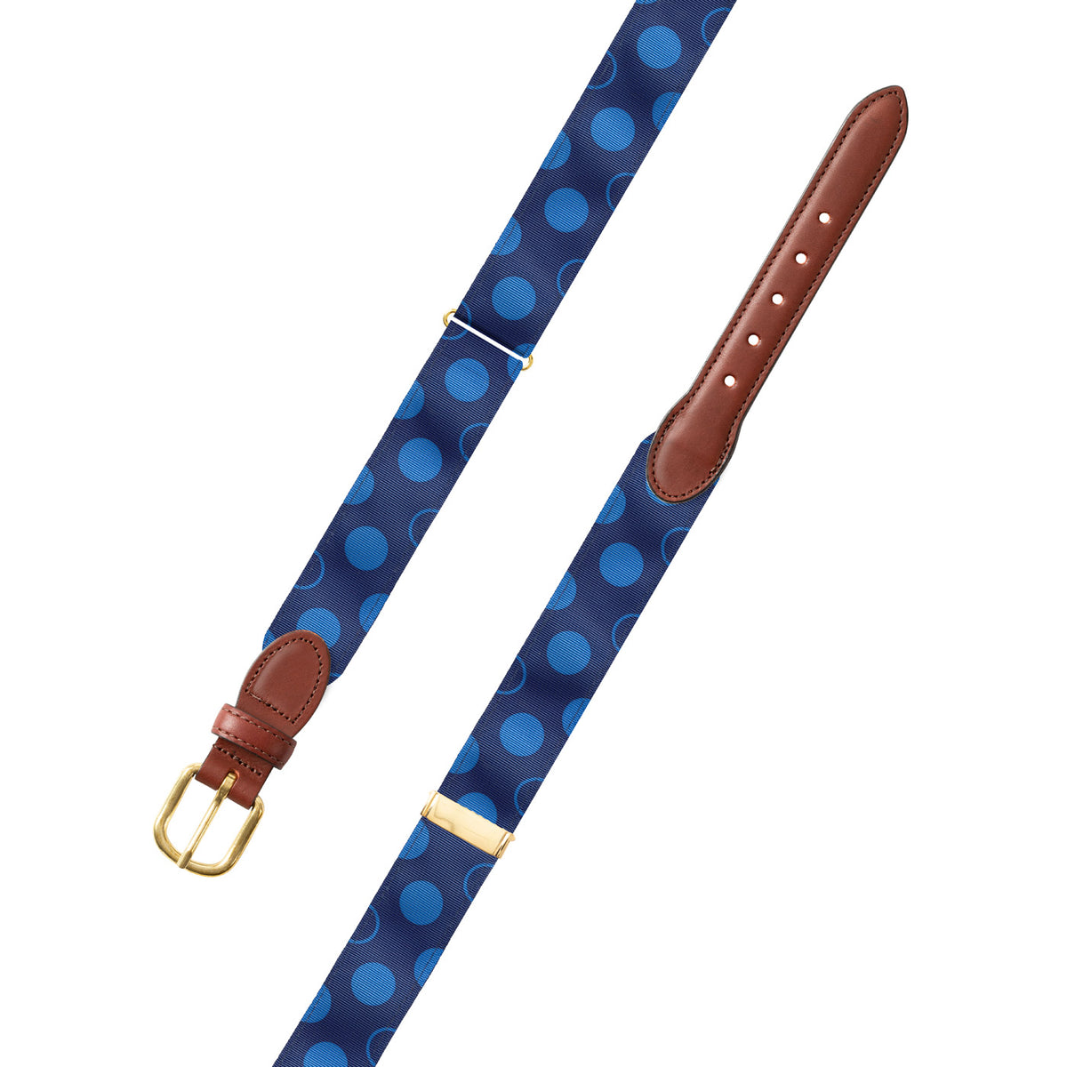 Adjustable Dots on Blue Grosgrain Belt with Brown Leather Tabs