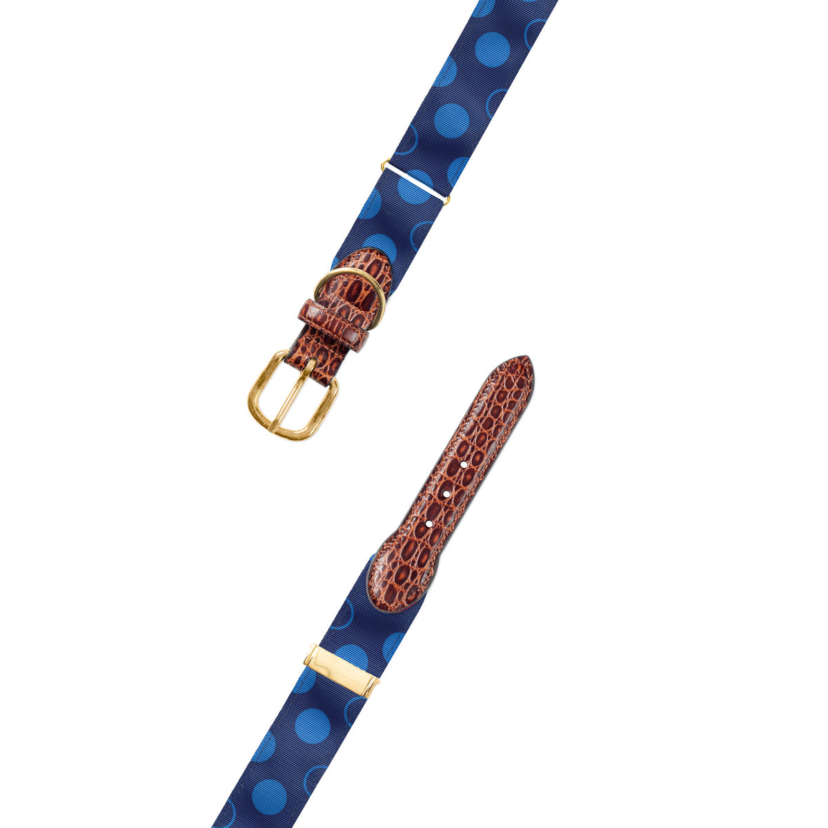 Adjustable Dots on Blue Grosgrain Dog Collar with Embossed Calf Tabs
