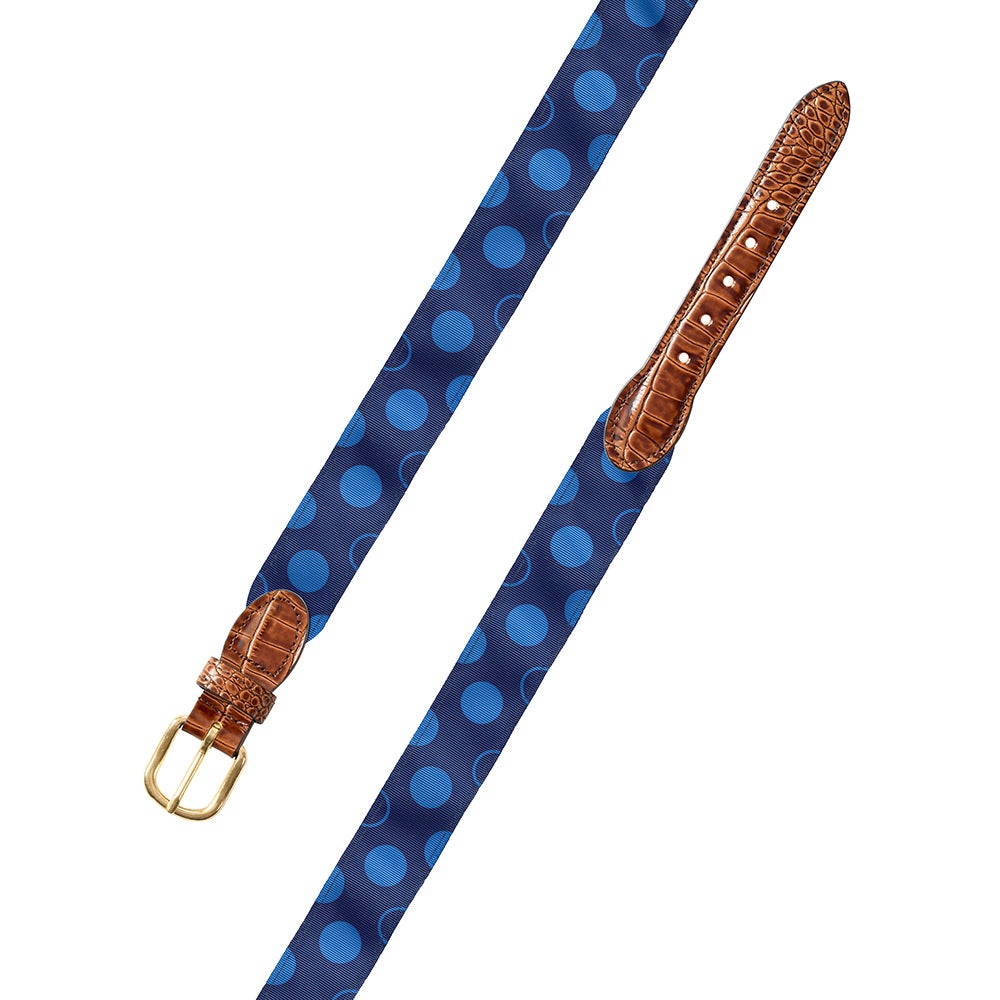 Dots on Blue Grosgrain Ribbon Leather Tab Belt