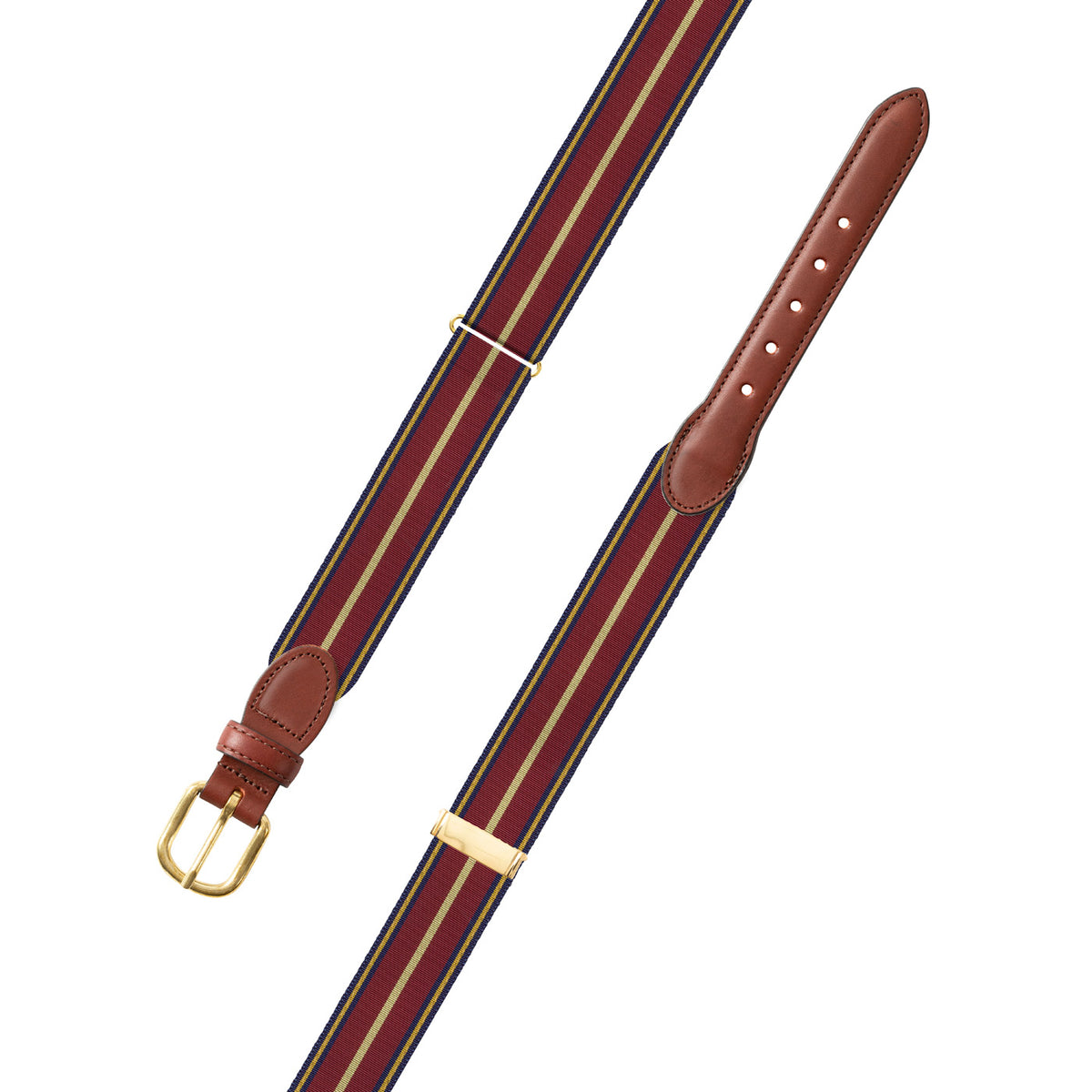 Adjustable Navy, Burgundy &amp; Gold Grosgrain Belt with Brown Leather Tabs