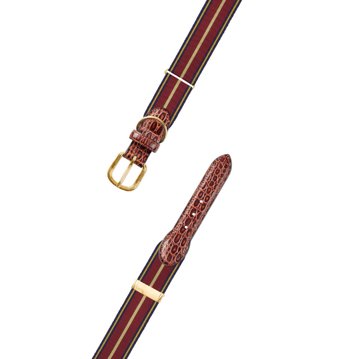 Adjustable Navy, Burgundy &amp; Gold Grosgrain Dog Collar with Embossed Calf Tabs
