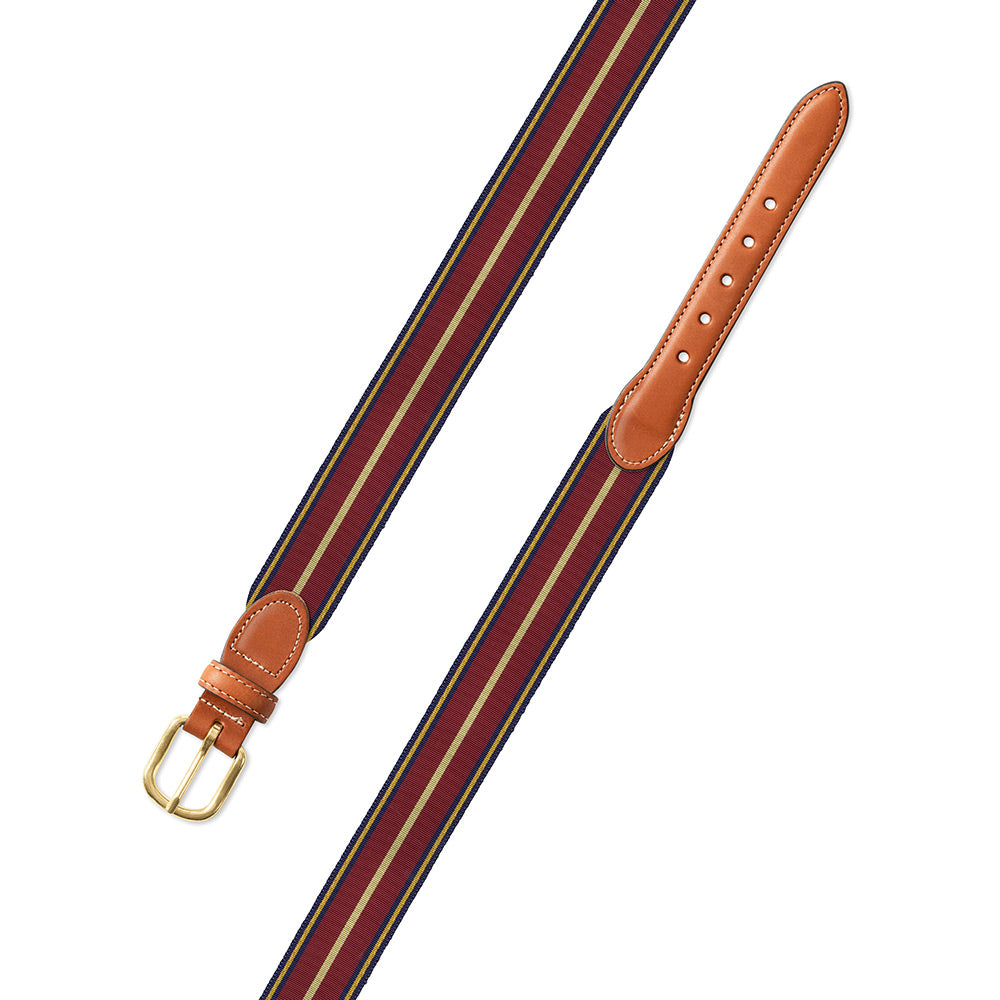 Navy, Burgundy &amp; Gold Grosgrain Ribbon Leather Tab Belt