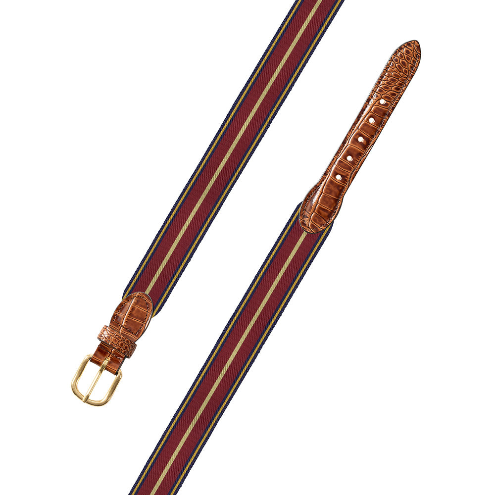 Navy, Burgundy &amp; Gold Grosgrain Ribbon Leather Tab Belt