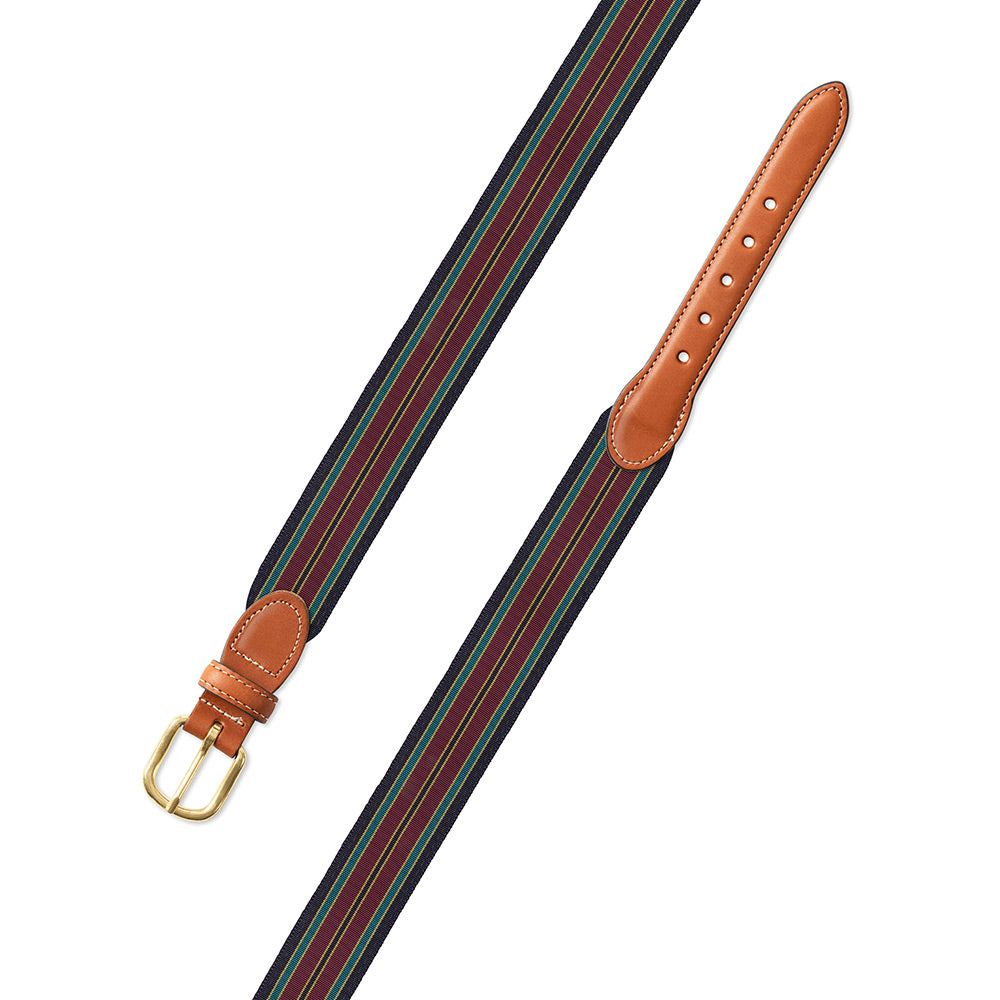 Navy, Burgundy &amp; Green Grosgrain Ribbon Leather Tab Belt