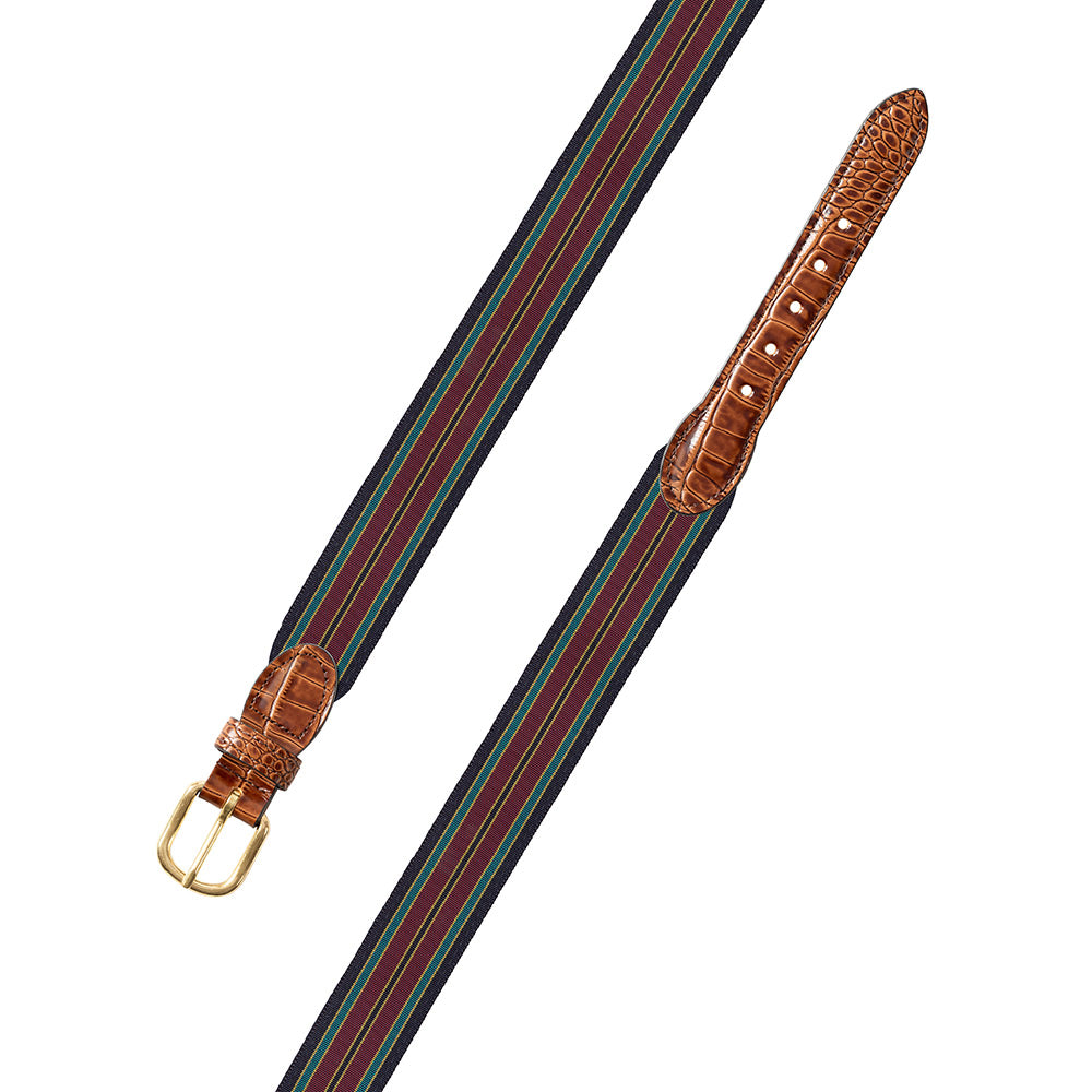 Navy, Burgundy &amp; Green Grosgrain Ribbon Leather Tab Belt