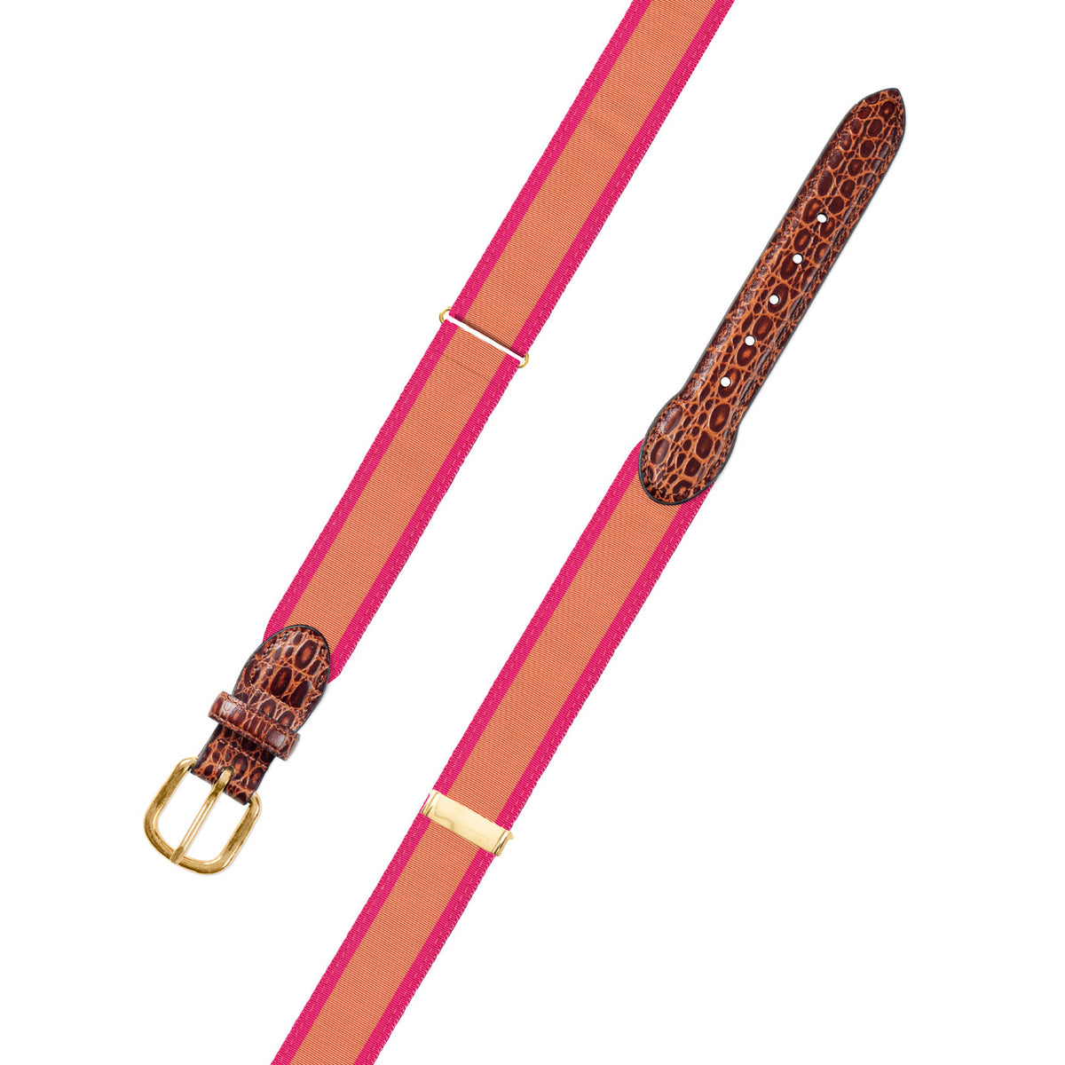 Adjustable Salmon &amp; Pink Grosgrain Belt with Embossed Calf Tabs